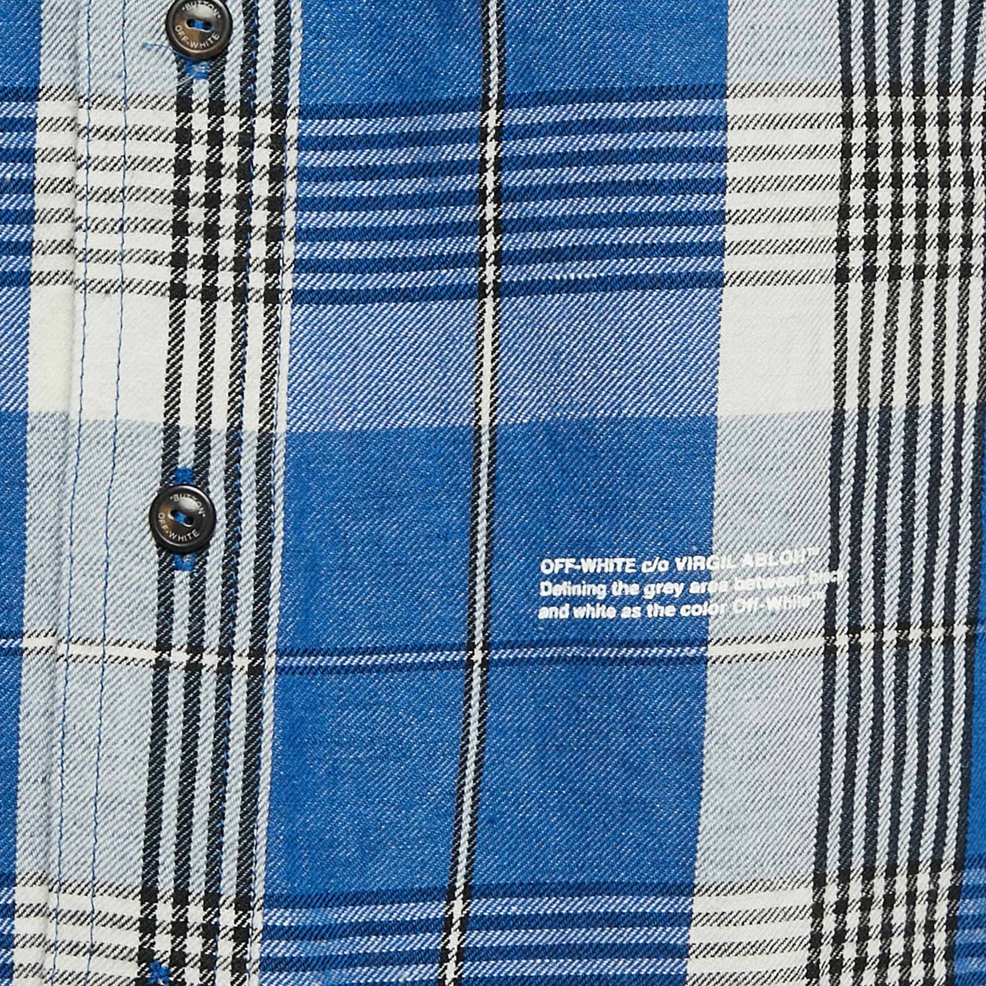 Off-White Blue Tartan Check Linen Blend Long Sleeve Shirt S