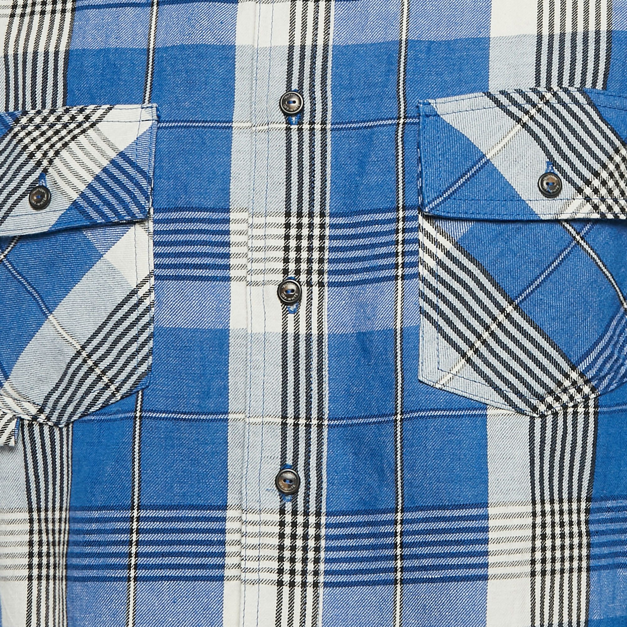 Off-White Blue Tartan Check Linen Blend Long Sleeve Shirt S