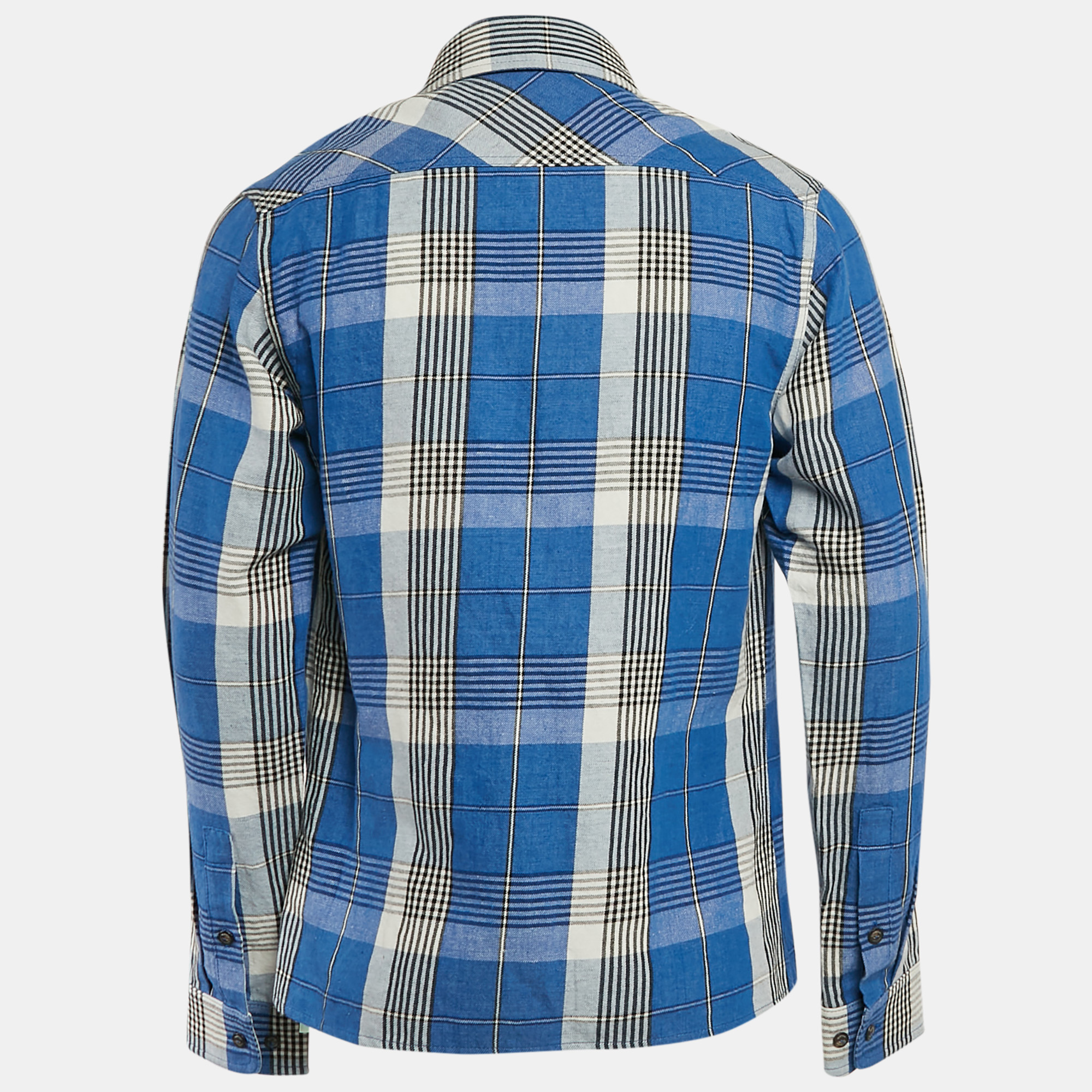 Off-White Blue Tartan Check Linen Blend Long Sleeve Shirt S