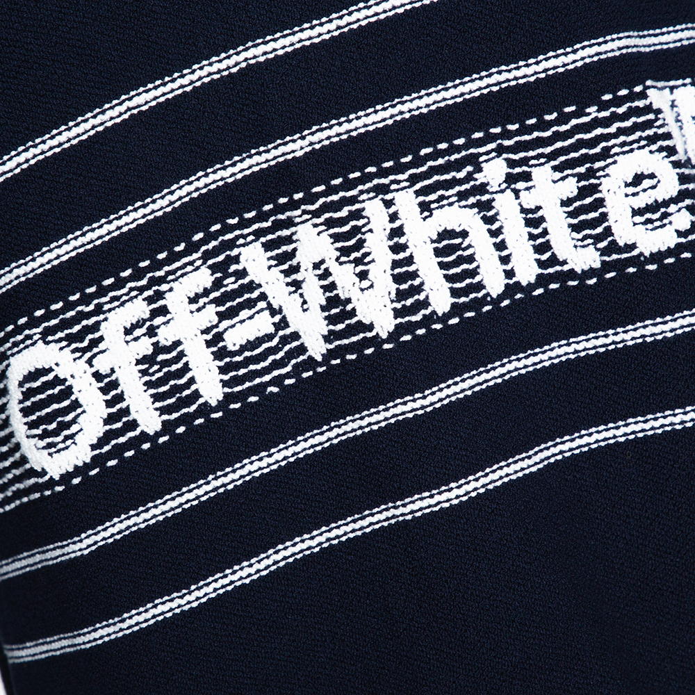 Off White Navy Blue Logo Intarsia Knit Distressed Jumper S