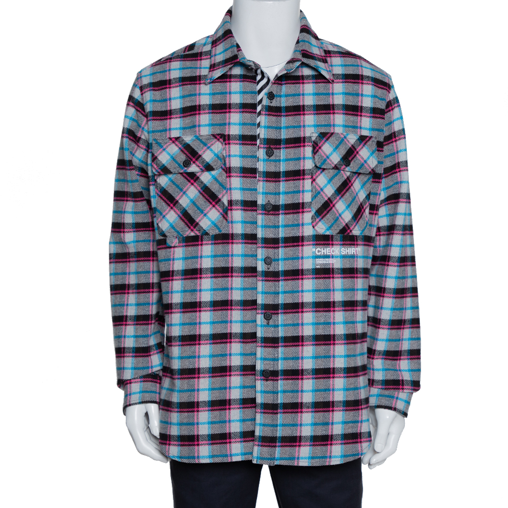 Image of Off-White Grey Check Cotton Flannel Long Sleeve Shirt L