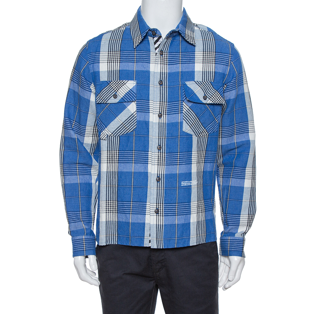 Image of Off-White Blue Check Linen & Cotton Button Front Shirt S