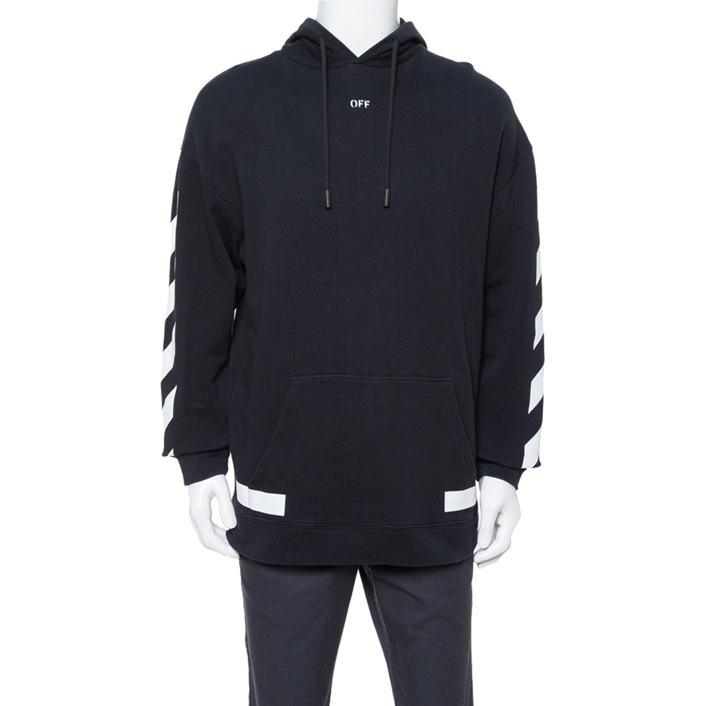 Image of Off-White Black Diagonals Print Cotton 'Seeing Things' Oversized Hoodie XS