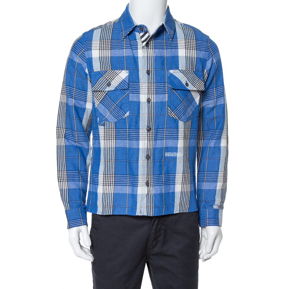 Image of Off-White Blue Checked Cotton Linen Shirt XS