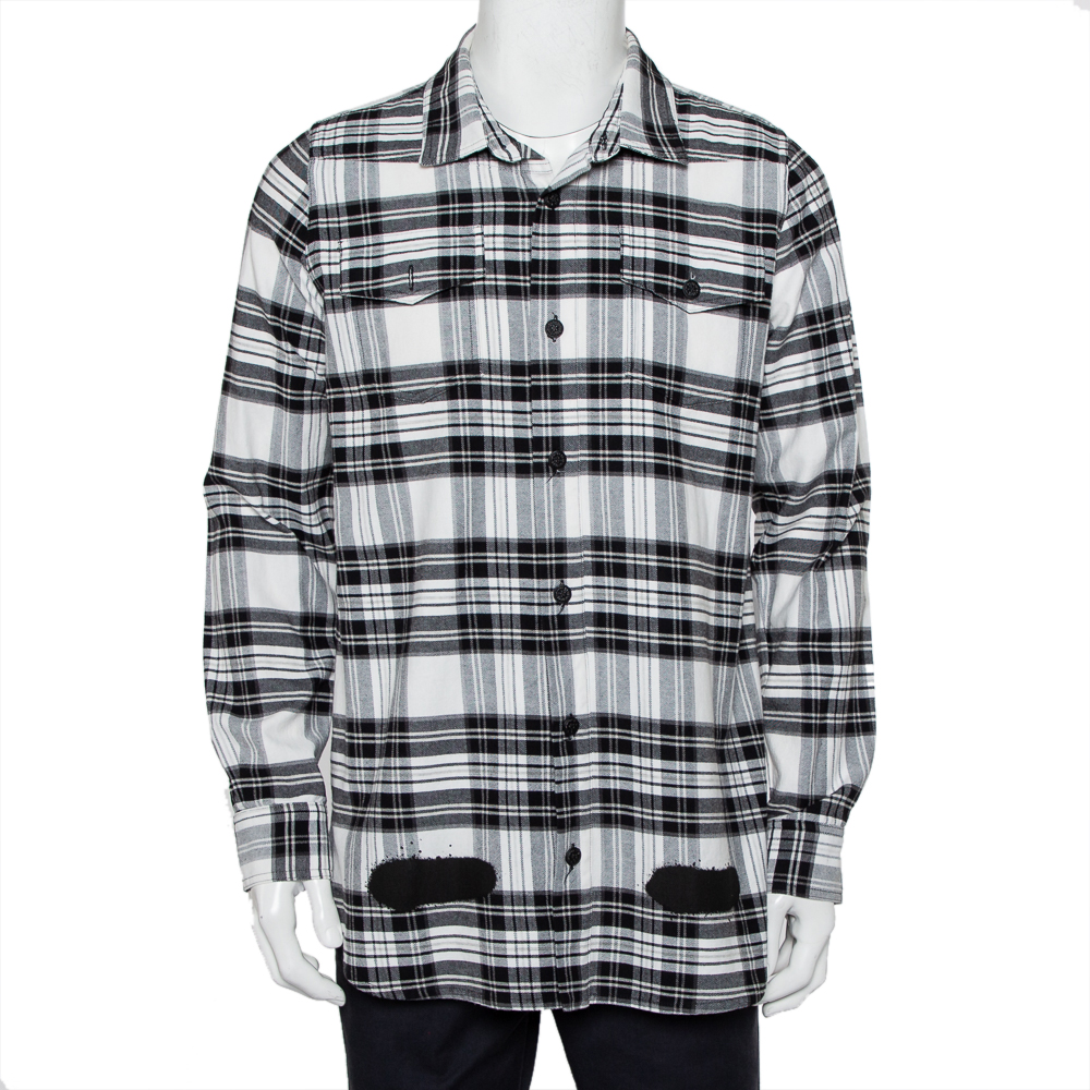 Off-White Monochrome Plaided Cotton Painted Detail Oversized Shirt S