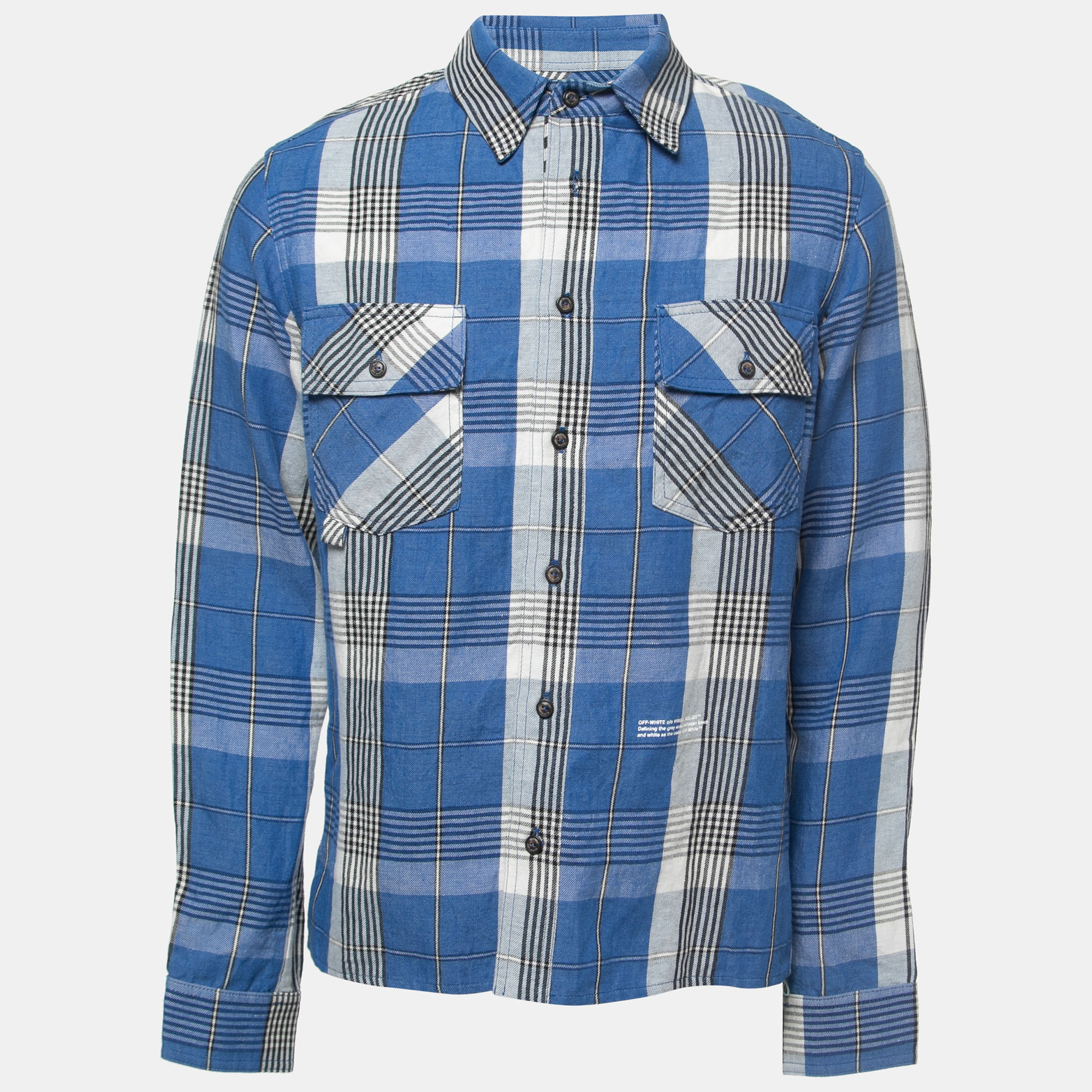 Off-White Blue Checked Linen & Cotton Pocketed Button Front Shirt S