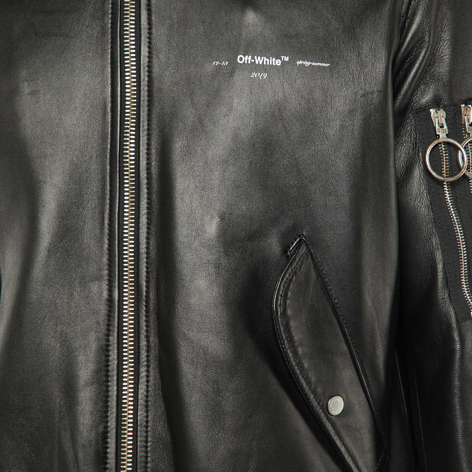 Off-White Black Leather Varsity Bomber Jacket L
