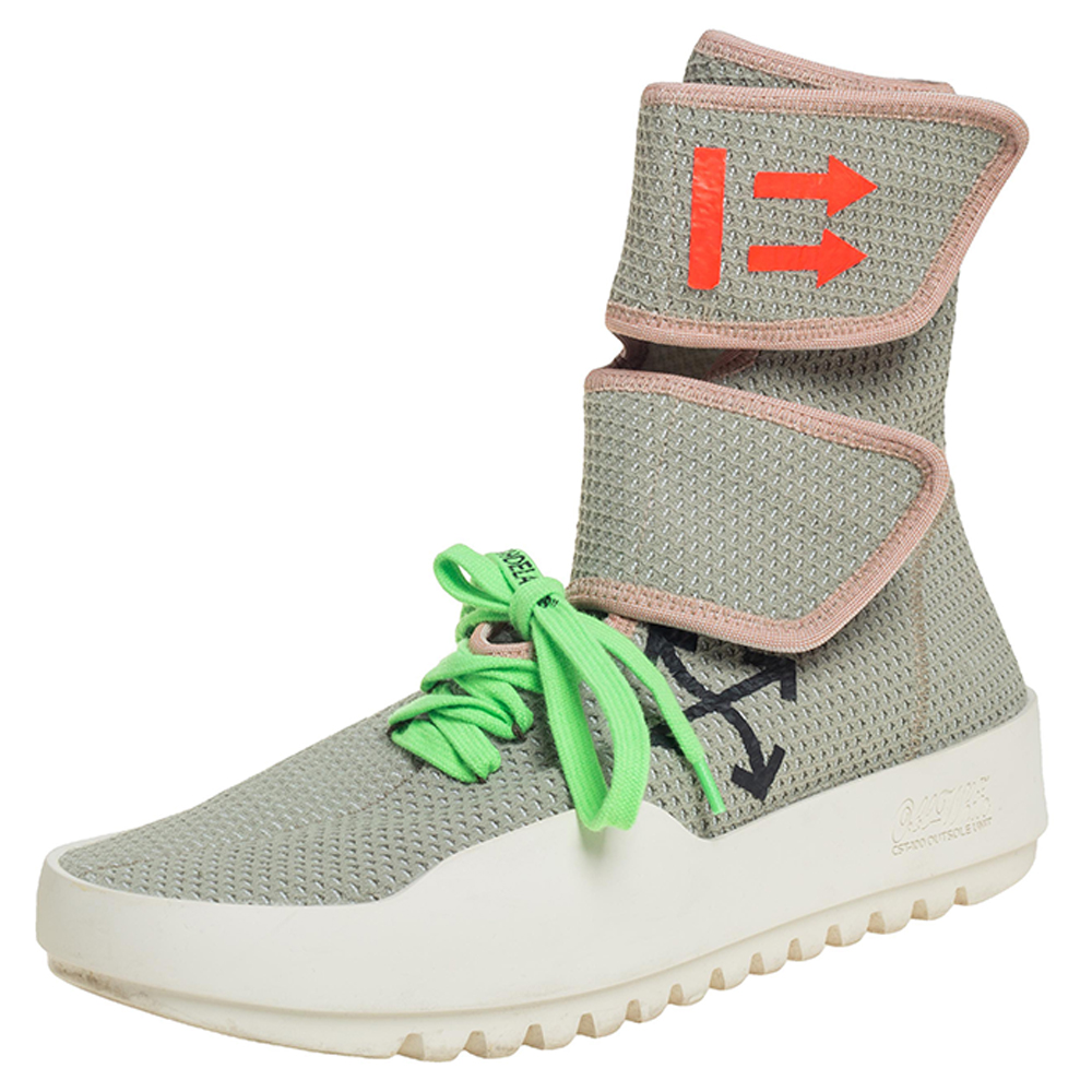 Off-White Pale Green Stretch Fabric Moto Wrap High Top Sneakers Size 42