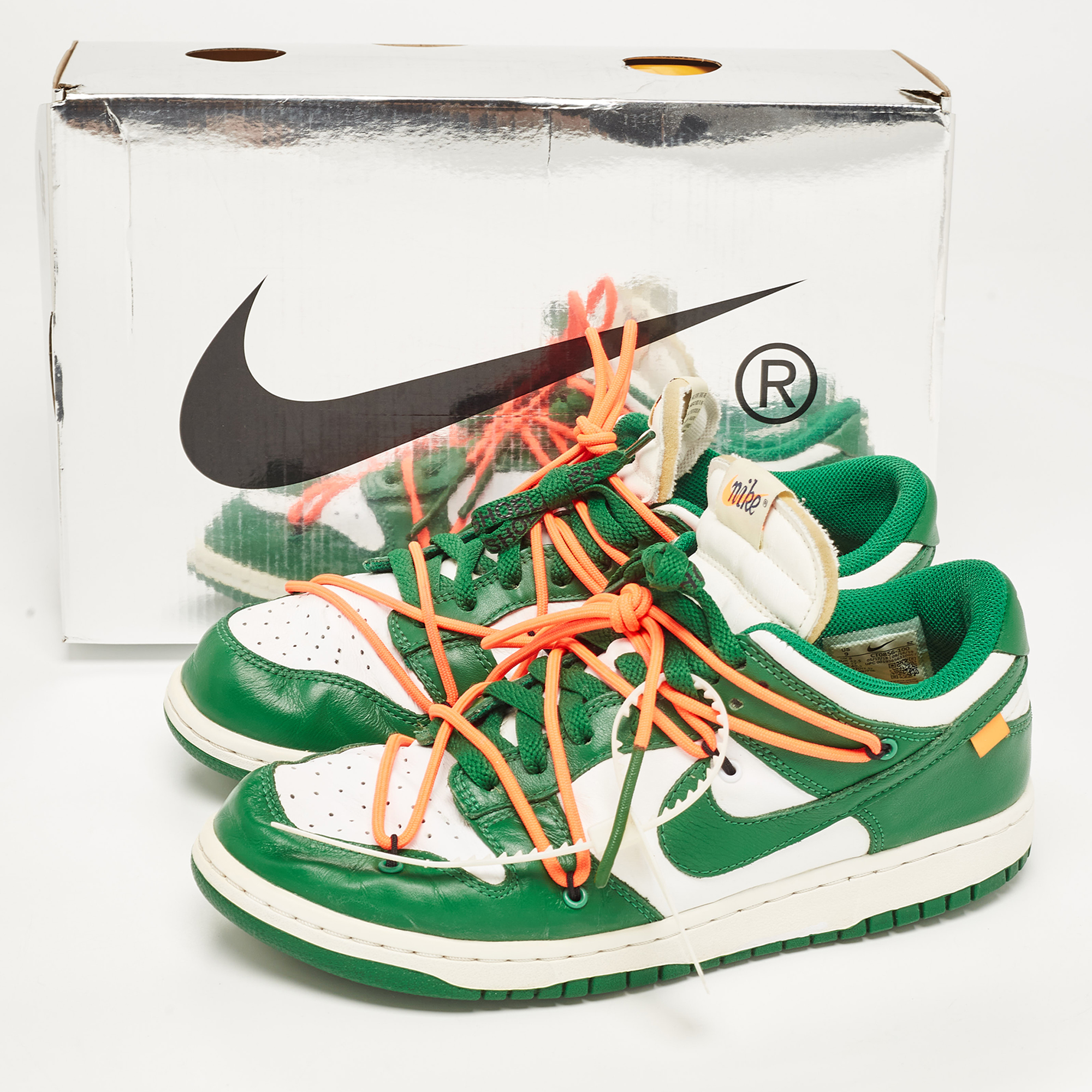 Off-White X Nike Green/White Leather Dunk Low Top Sneakers Size 42.5