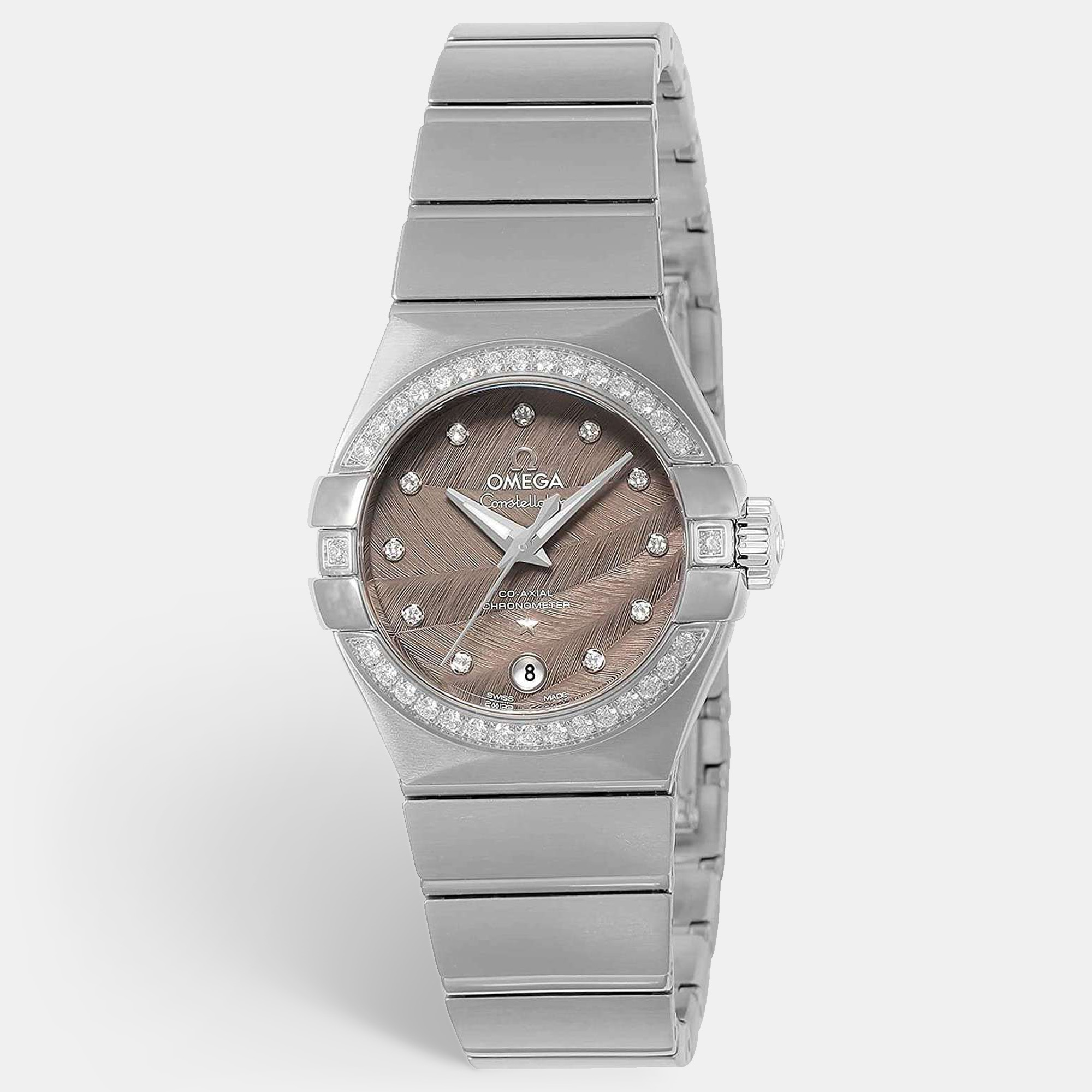 Omega Brown Diamonds Stainless Steel Constellation Co-Axial 123.15.27.20.56.001 Women’s Wristwatch 27 Mm
