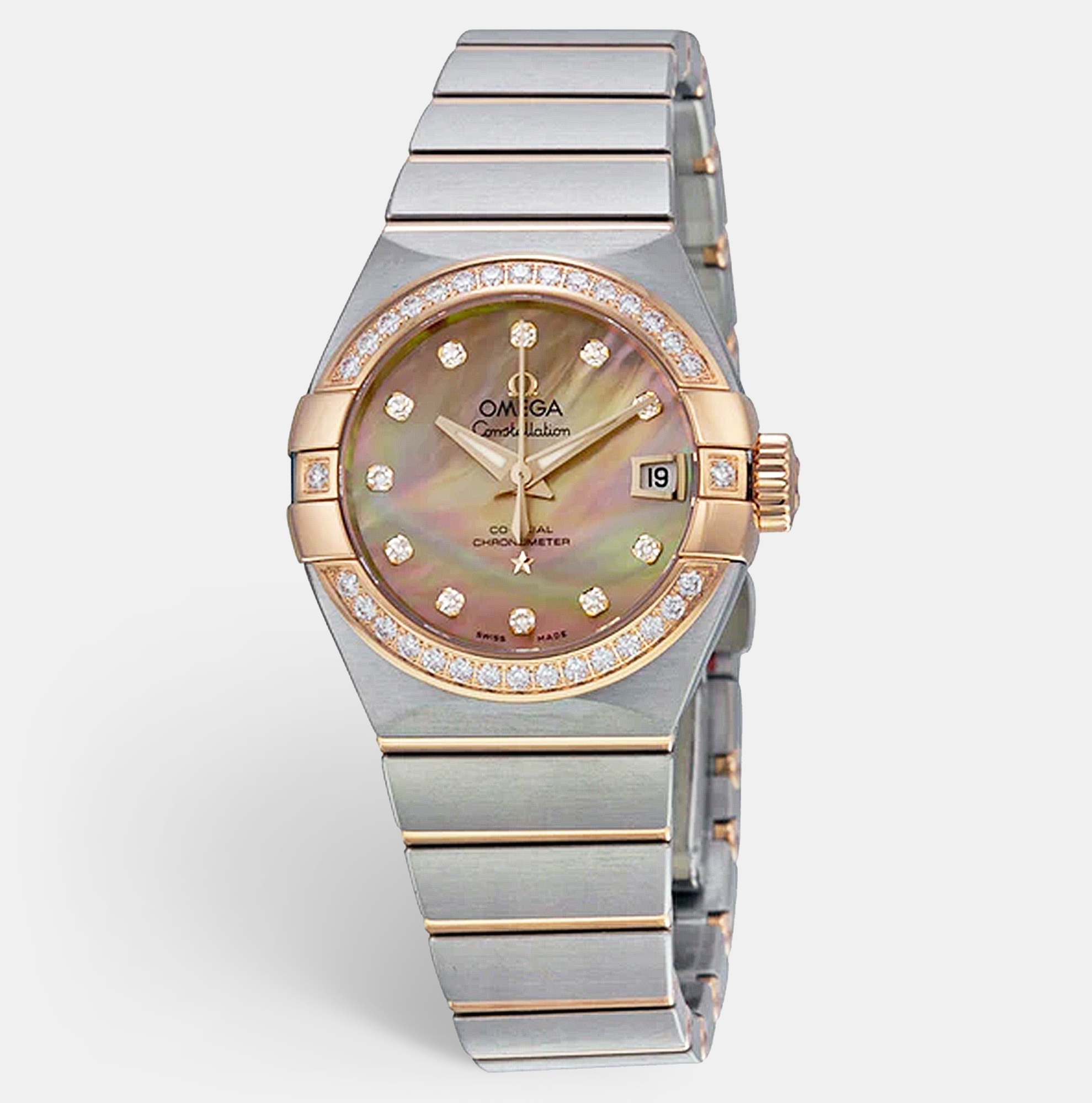 Omega Brown MOP Diamond 18K Rose Gold Stainless Steel Constellation 123.25.27.20.57.001 Women’s Wristwatch 27 Mm