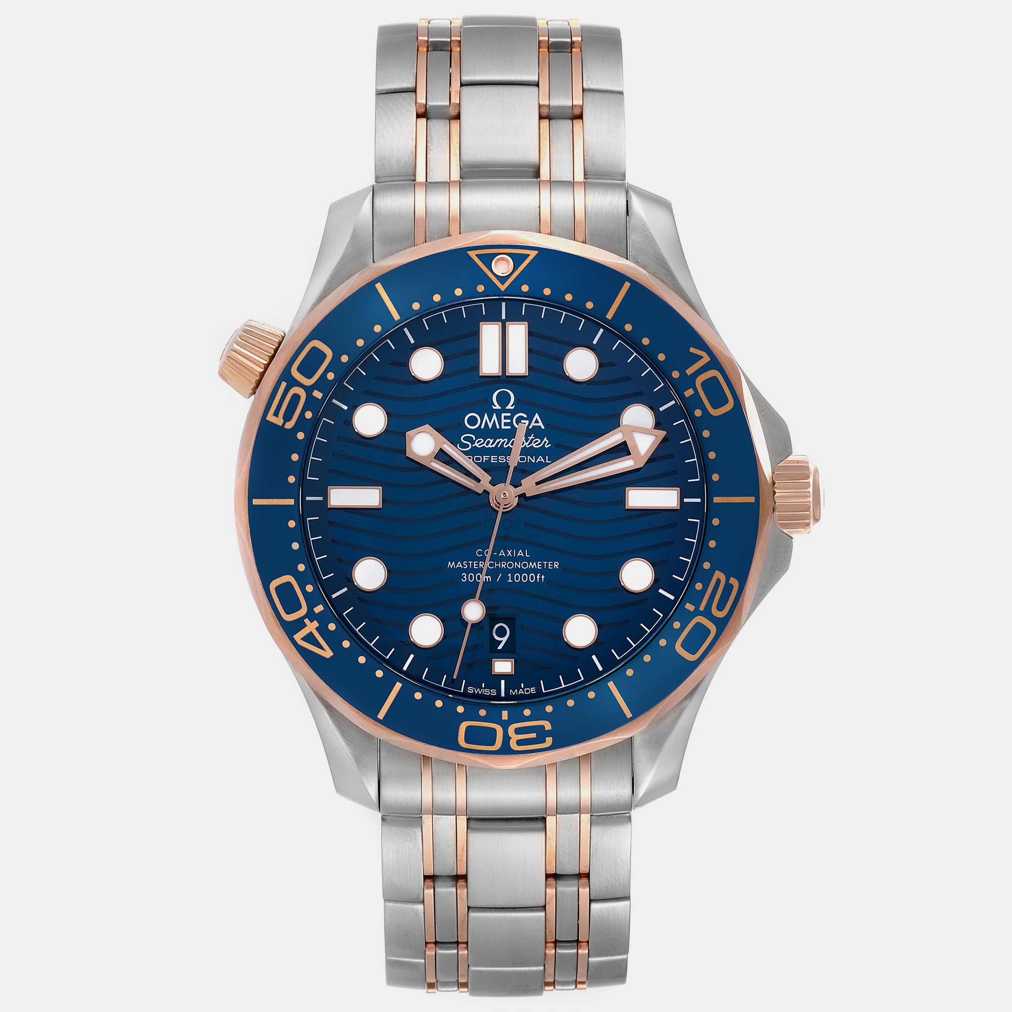 Omega Blue 18k Rose Gold And Stainless Steel Seamaster 210.20.42.20.03.002 Automatic Men's Wristwatch 42 Mm