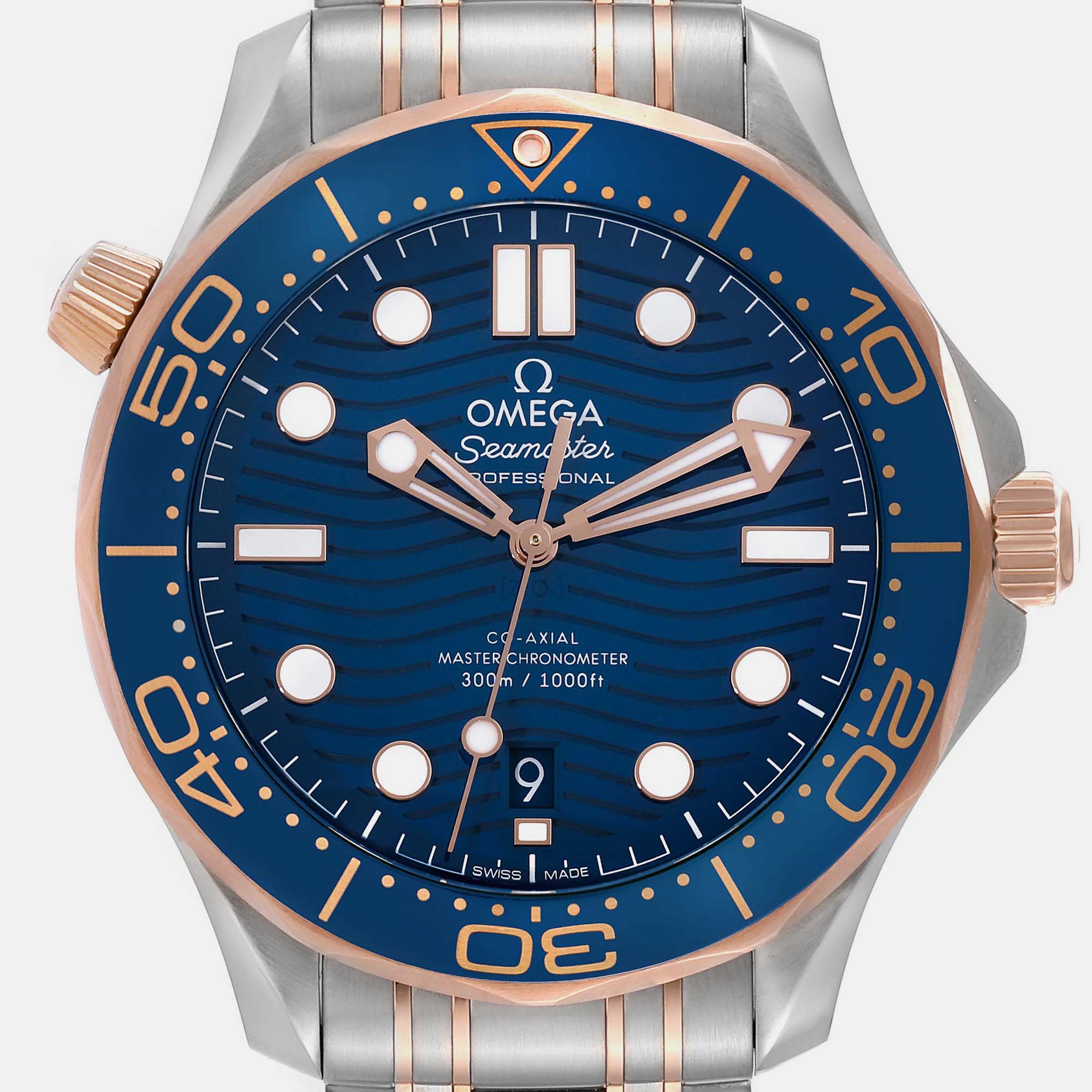 Omega Blue 18k Rose Gold And Stainless Steel Seamaster 210.20.42.20.03.002 Automatic Men's Wristwatch 42 Mm