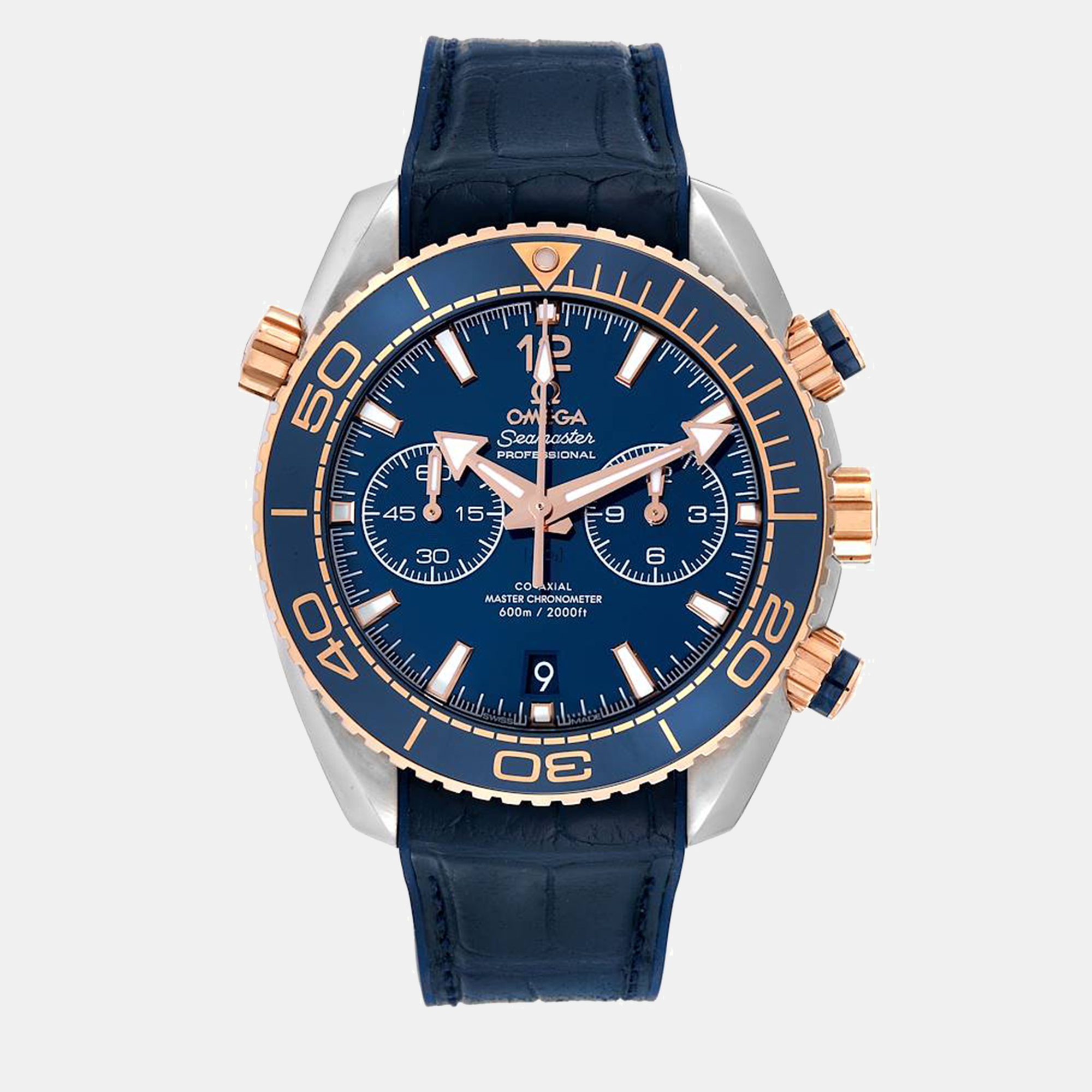 Omega blue 18k rose gold stainless steel seamaster planet ocean 215.23.46.51.03.001 automatic men's wristwatch 45.5 mm