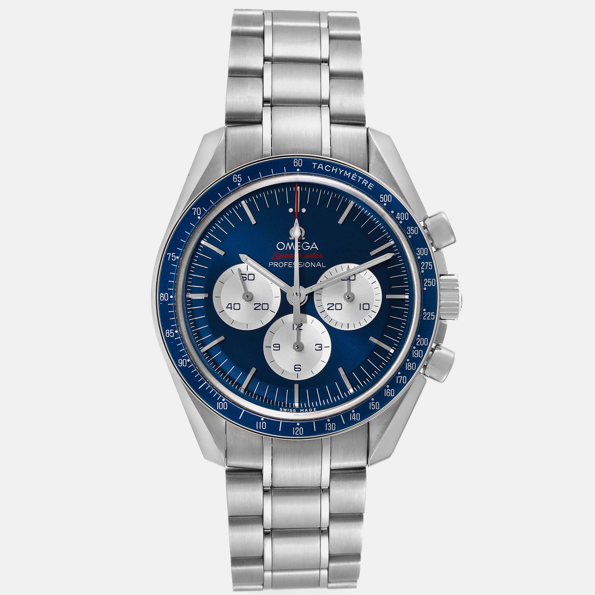 Omega blue stainless steel speedmaster manual winding men's wristwatch 42 mm