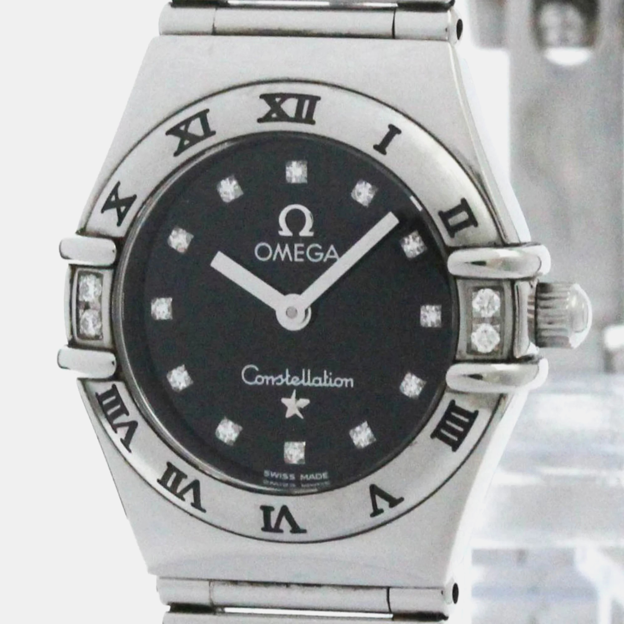 Omega black stainless steel constellation quartz men's wristwatch 22 mm