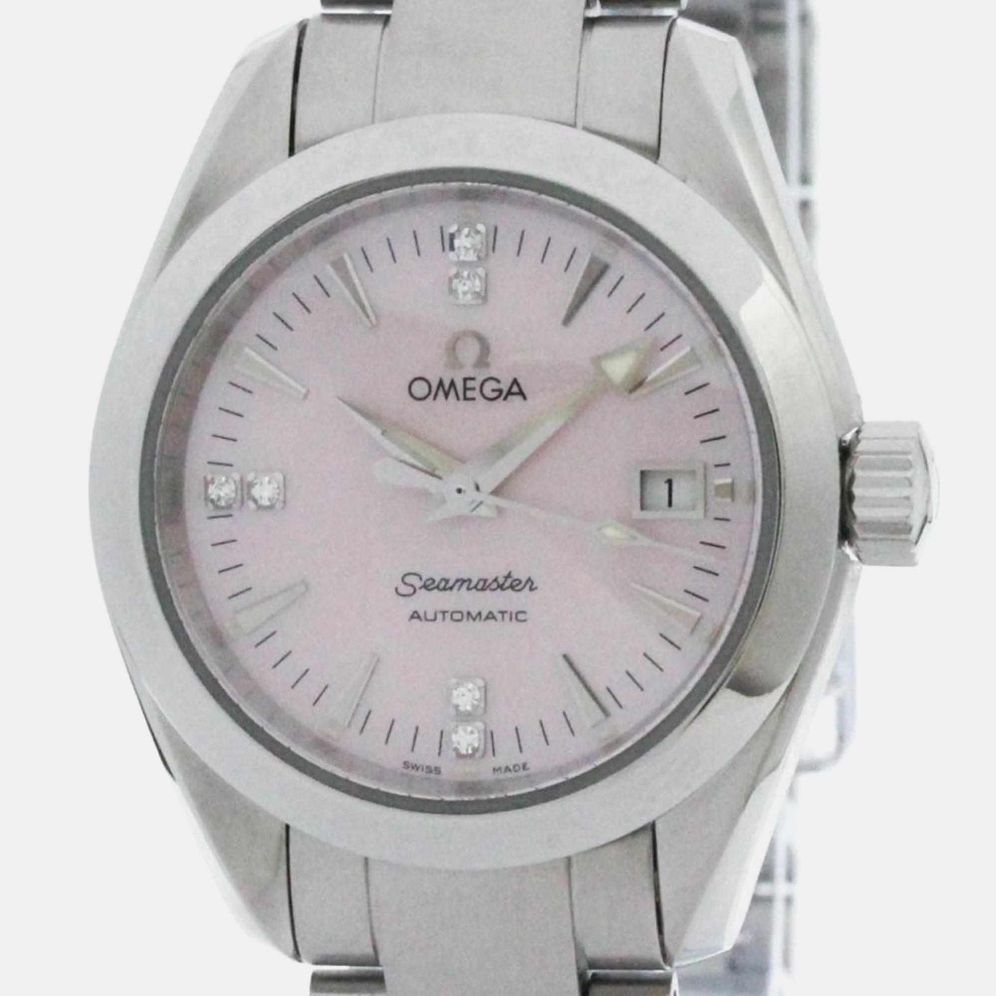 Omega pink shell stainless steel seamaster aqua terra automatic men's wristwatch 29 mm