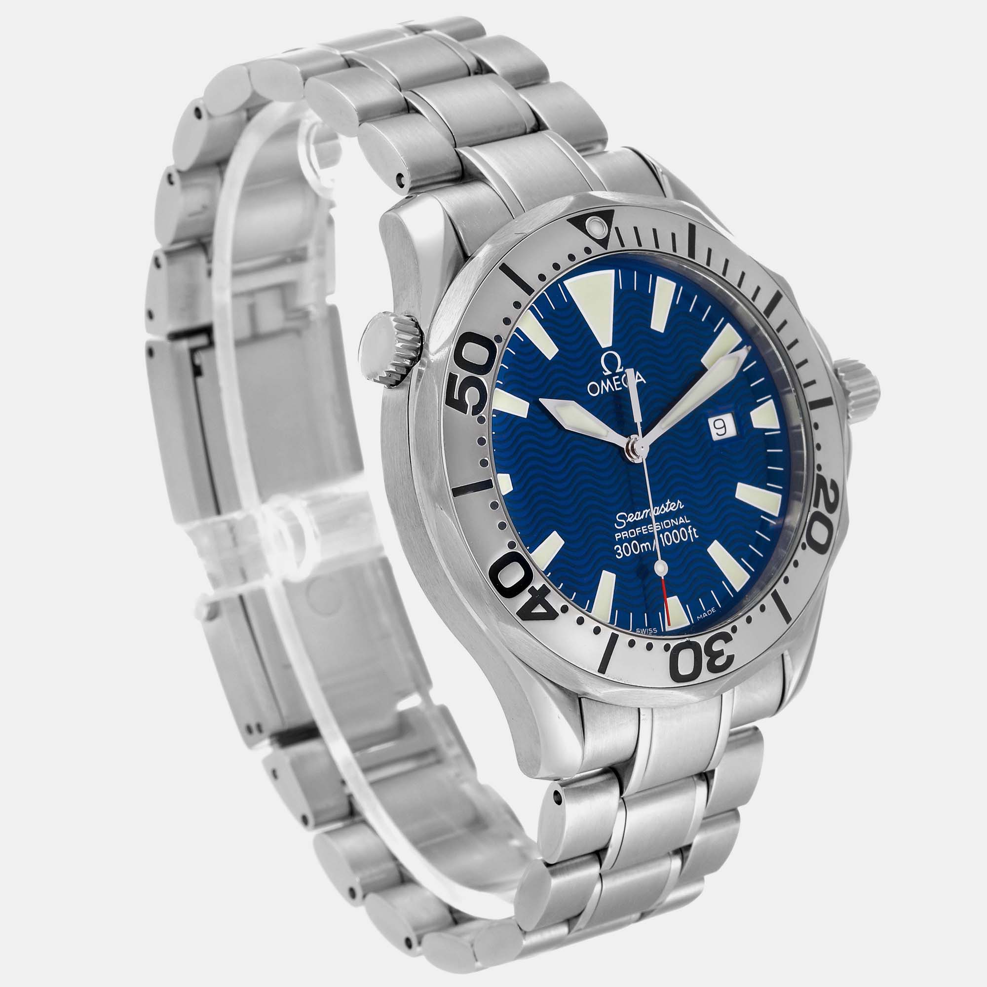 Omega Blue Stainless Steel Seamaster 2265.80.00 Quartz Men's Wristwatch 41 Mm