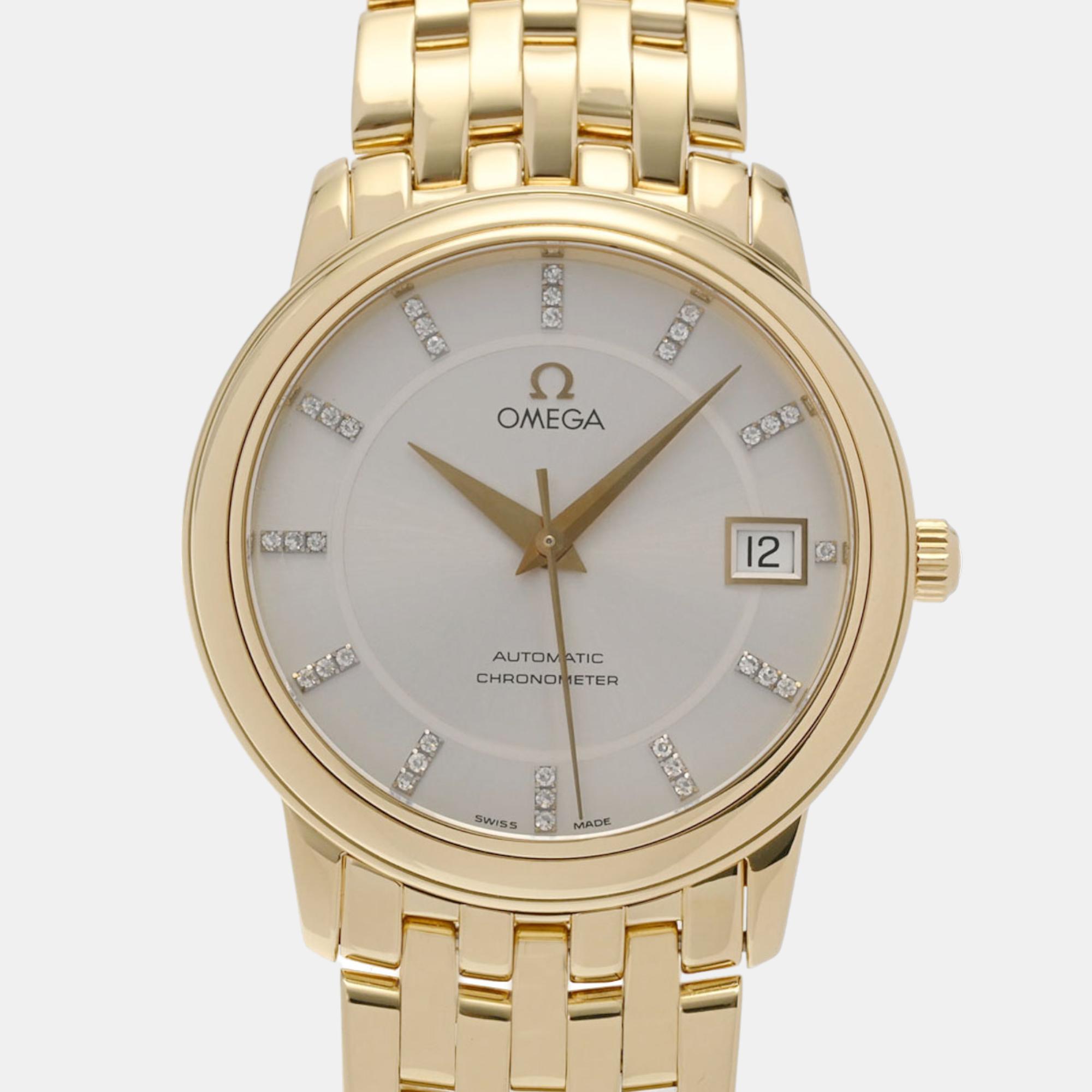 Omega Silver 18k Yellow Gold De Ville Prestige 168.1050 Automatic Men's Wristwatch 35 Mm