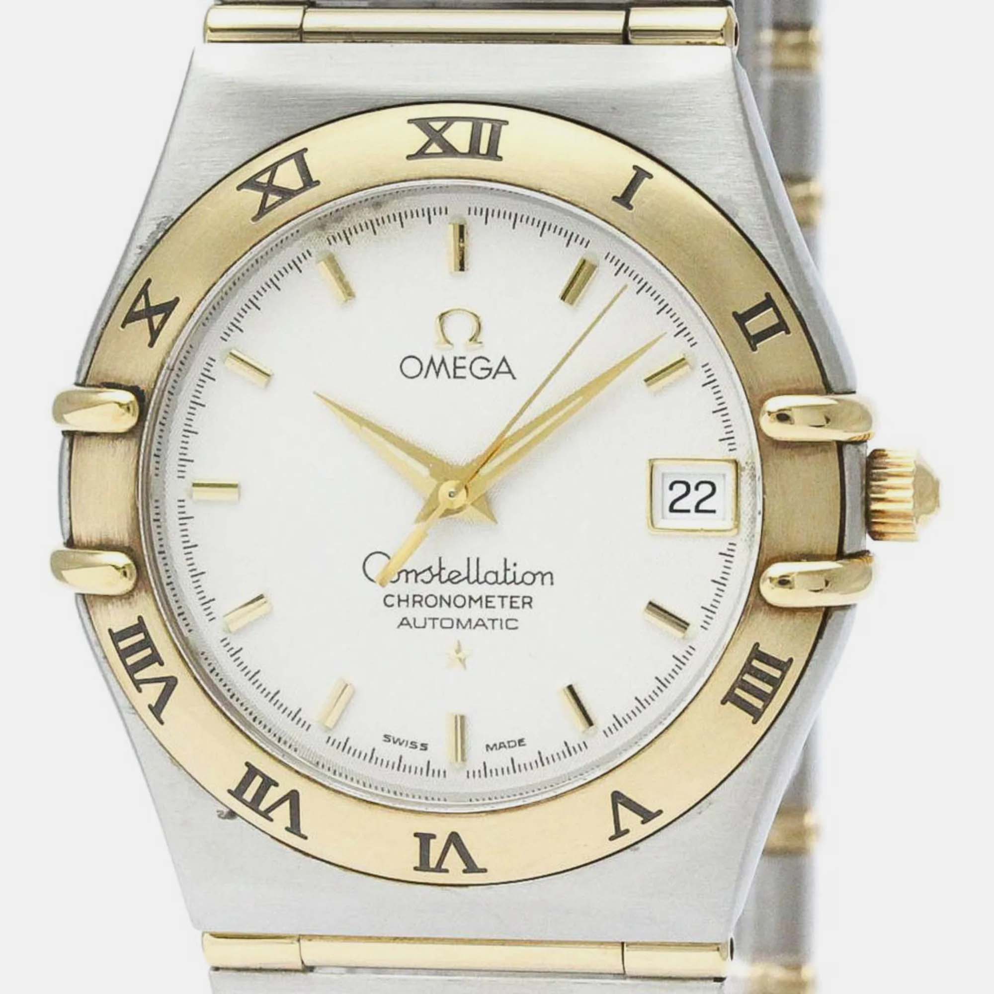Omega White 18k Yellow Gold And Stainless Steel Constellation 1202.30 Automatic Men's Wristwatch 36 Mm