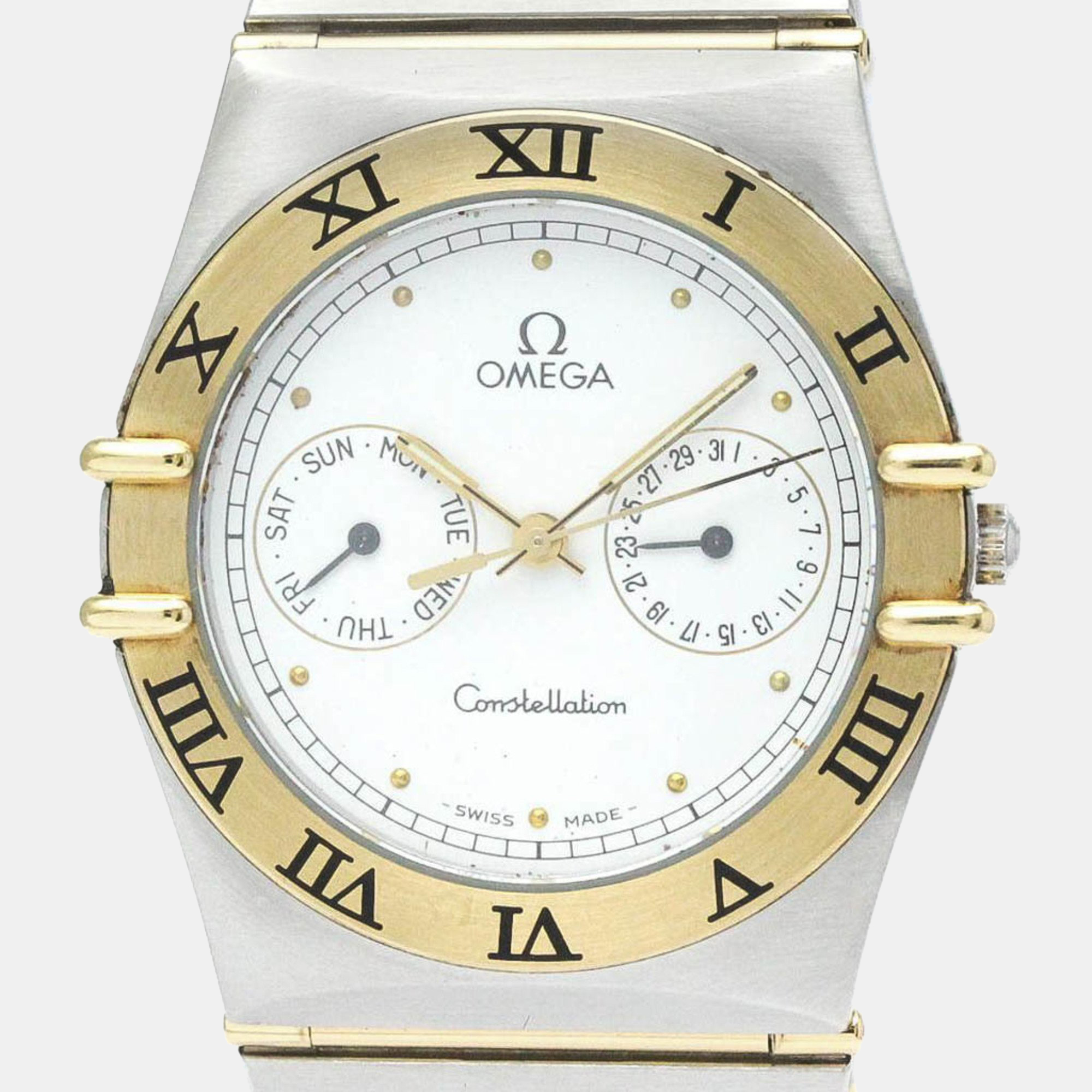 Omega White 18k Yellow Gold Stainless Steel Constellation Quartz Men's Wristwatch 33 Mm