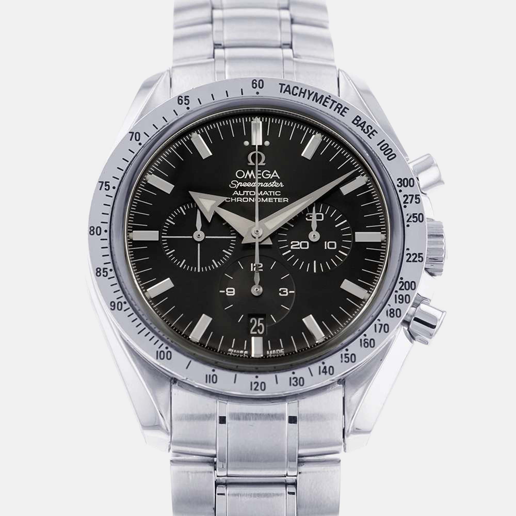 Omega black stainless steel speedmaster broad arrow 3551.50 automatic chronograph men's wristwatch 42 mm