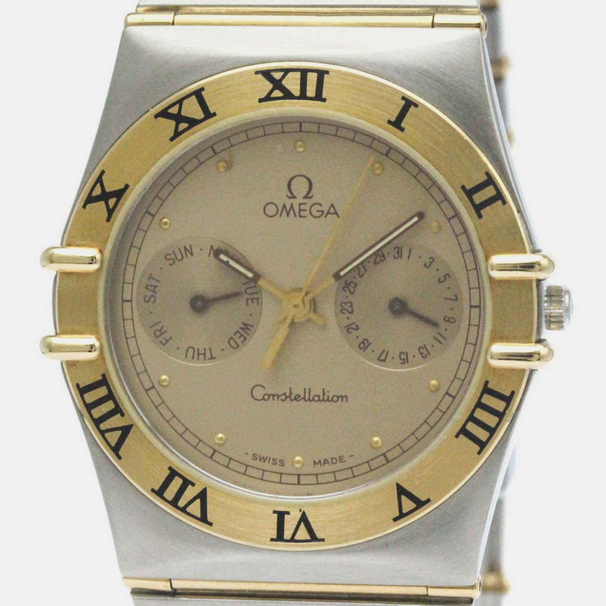 Omega gold 18k yellow gold stainless steel constellation 396.1070 quartz men's wristwatch 33 mm