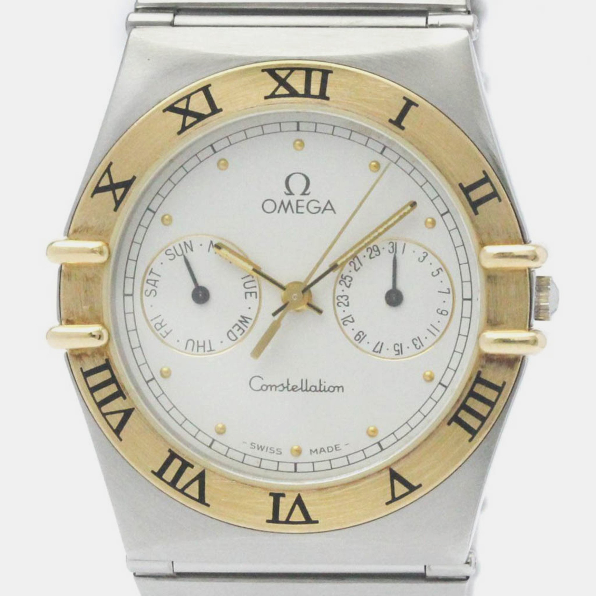 Omega white 18k yellow gold stainless steel constellation quartz men's wristwatch 33 mm