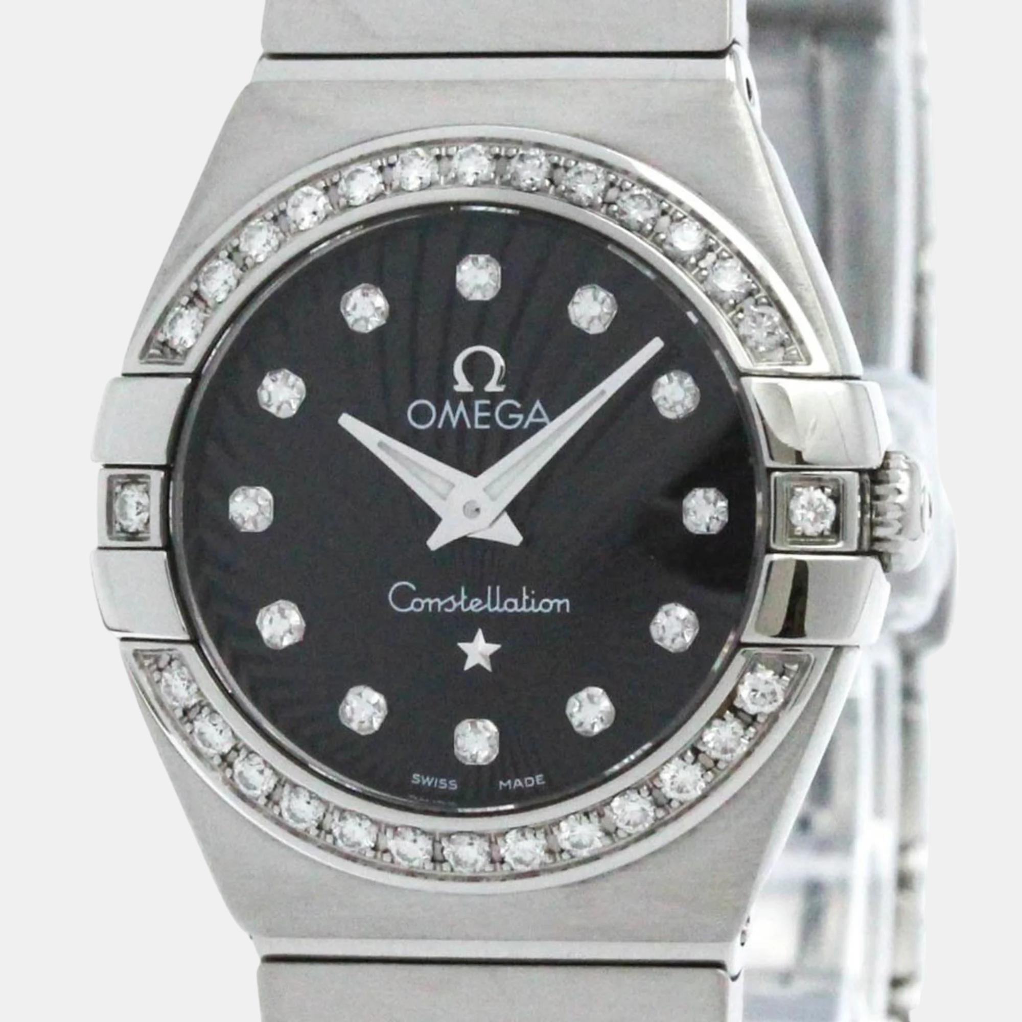 Omega black diamond stainless steel constellation quartz men's wristwatch 24 mm