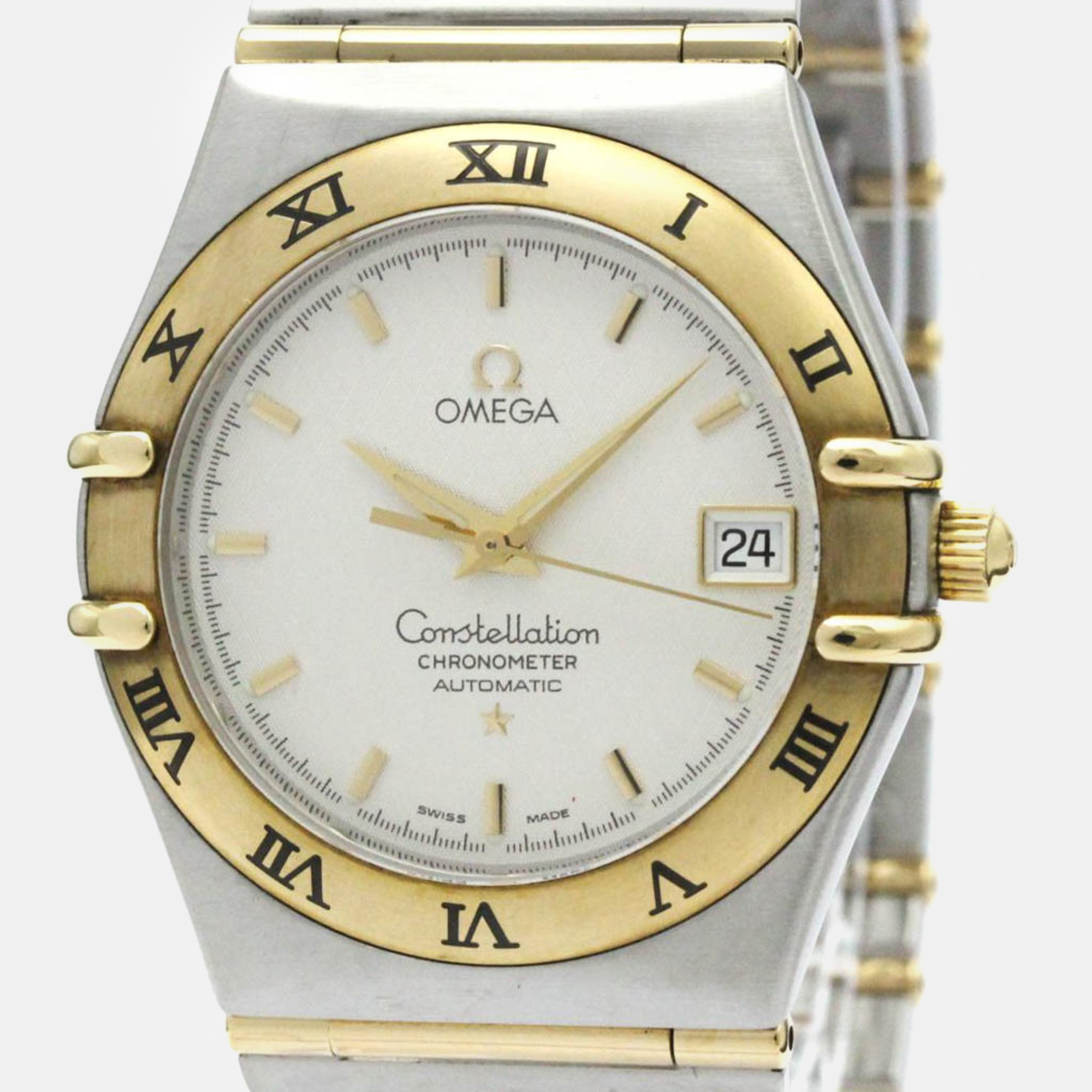 Omega silver 18k yellow gold stainless steel constellation automatic men's wristwatch 36 mm