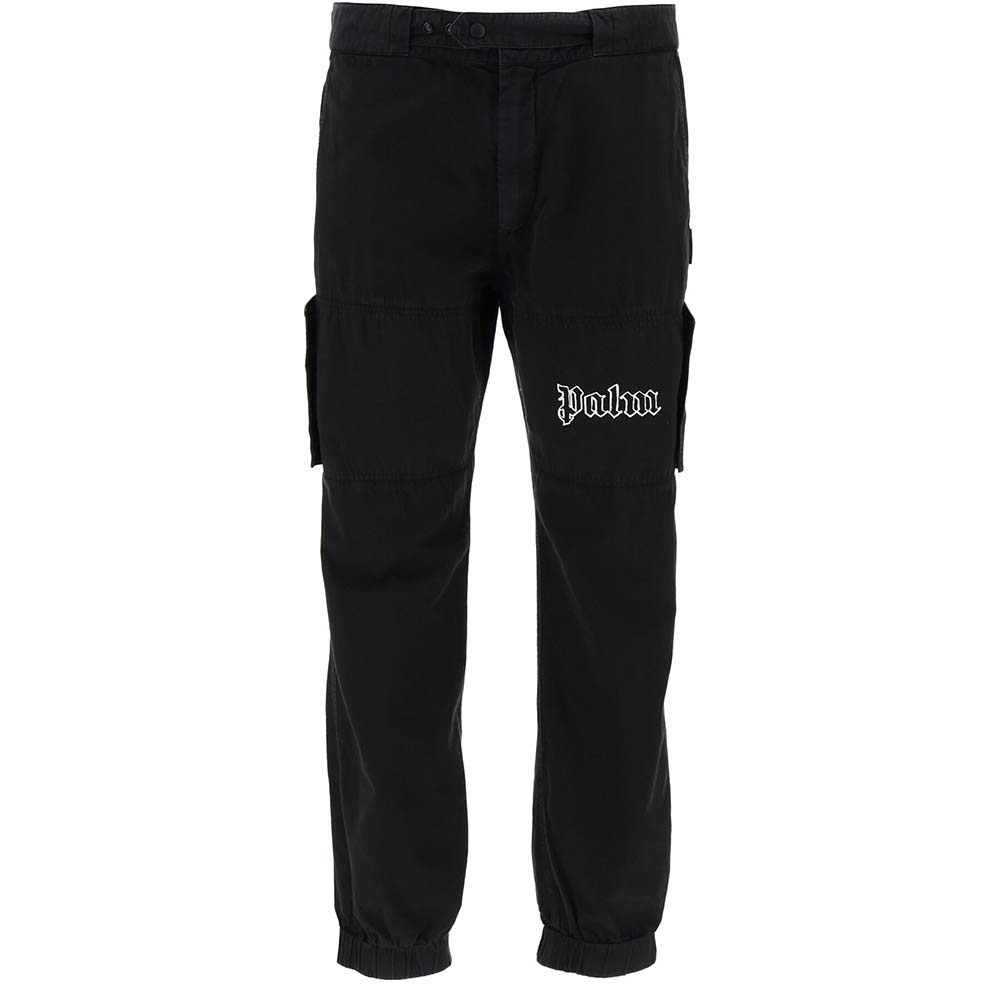 Image of Palm Angels Black Logo Print Canvas Cargo Pants Size IT