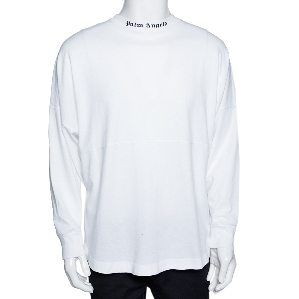Image of Palm Angels White Logo Print Cotton Long Sleeve T-Shirt M