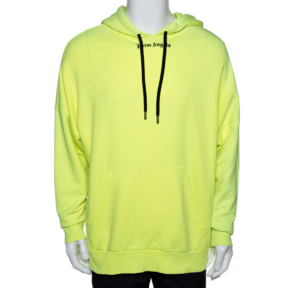 Image of Palm Angels Fluorescent Yellow Logo Print Cotton Hoodie M