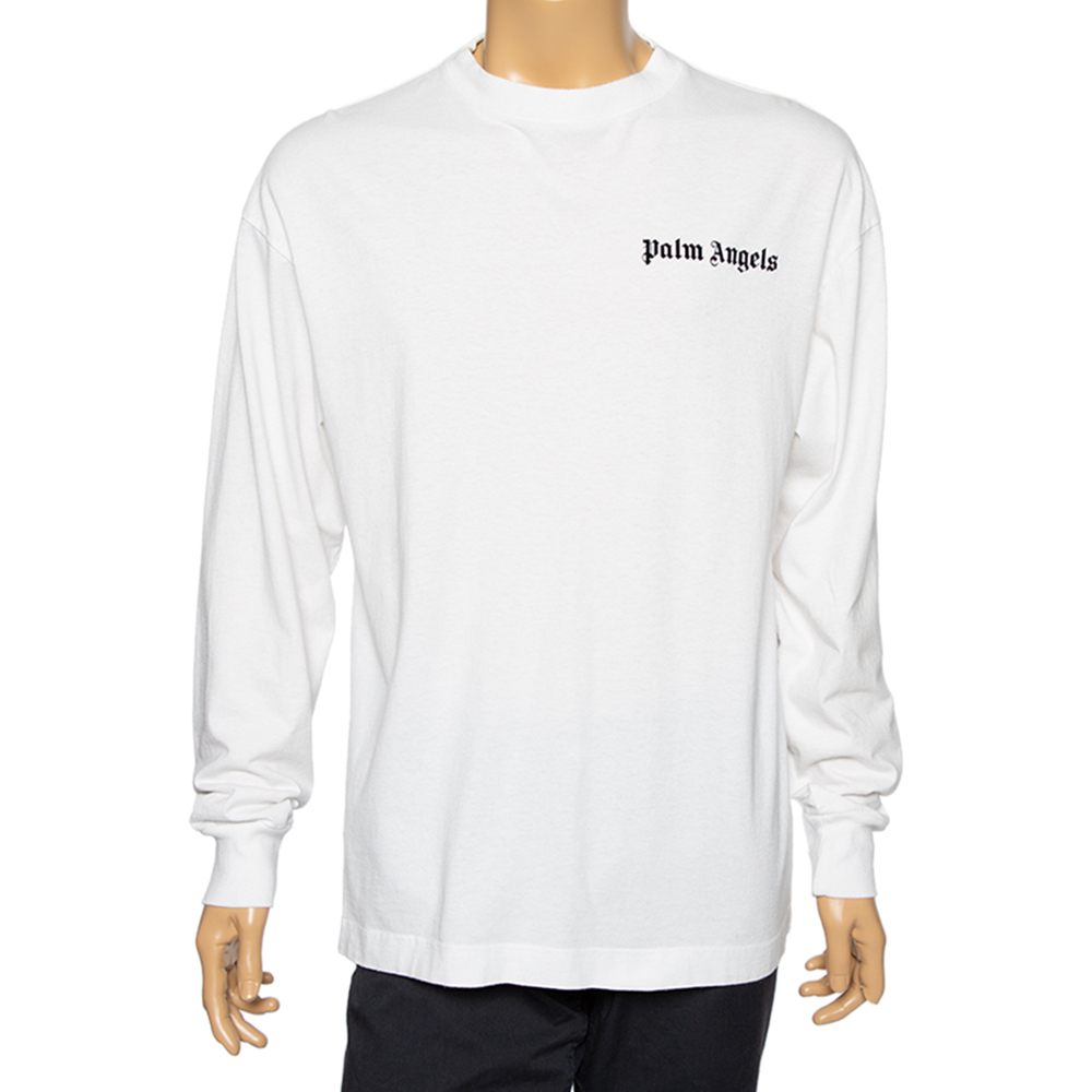 Palm angels white cotton logo printed detail long sleeve crewneck t-shirt l