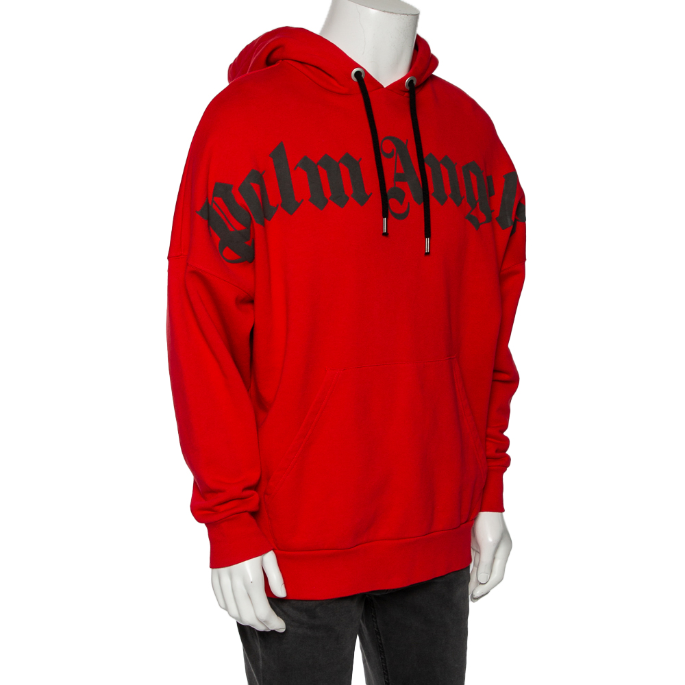 Palm Angels Red Cotton Logo Printed Hoodie M