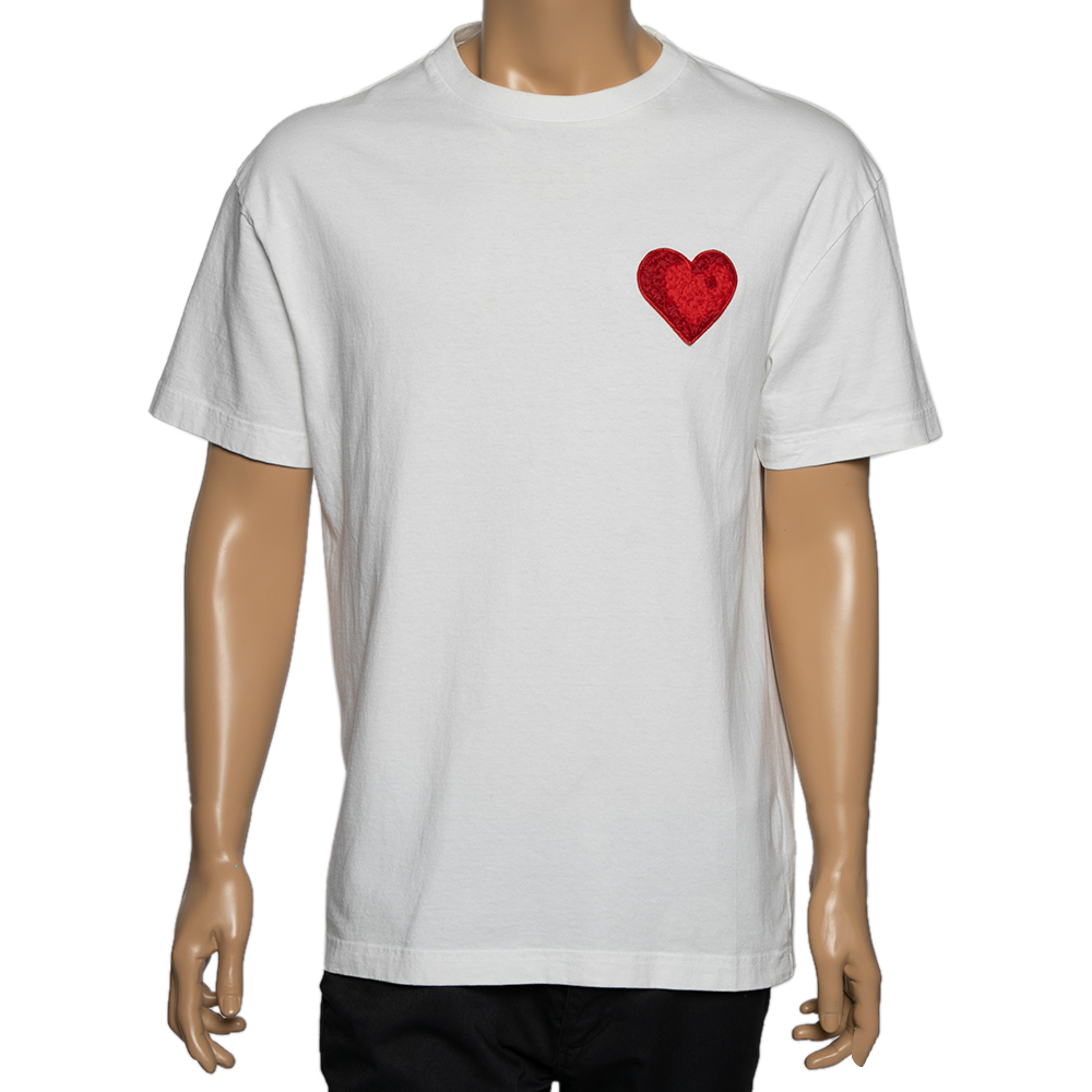 Palm angels white cotton heart embroidered crew neck t-shirt l