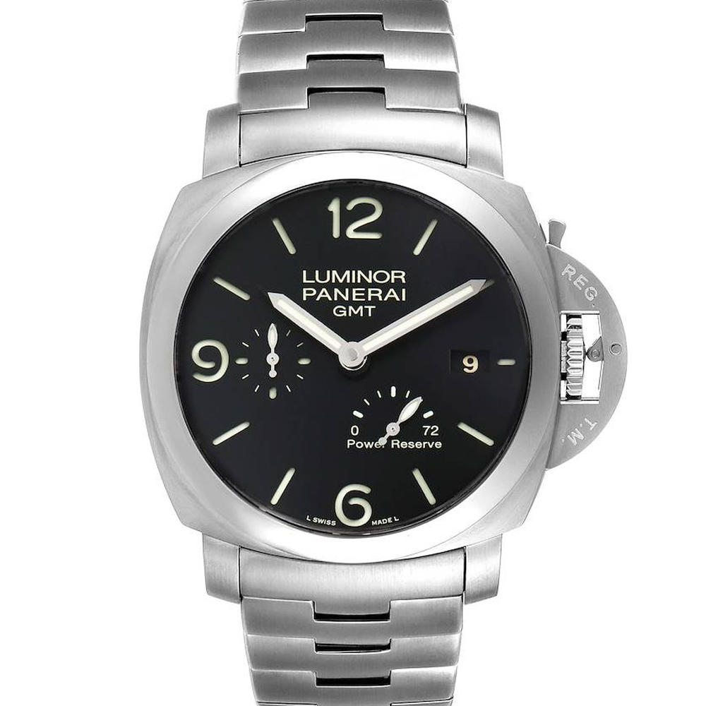 Panerai Black Stainless Steel Luminor 1950 3 Days GMT PAM00347 Men's Wristwatch 44 MM