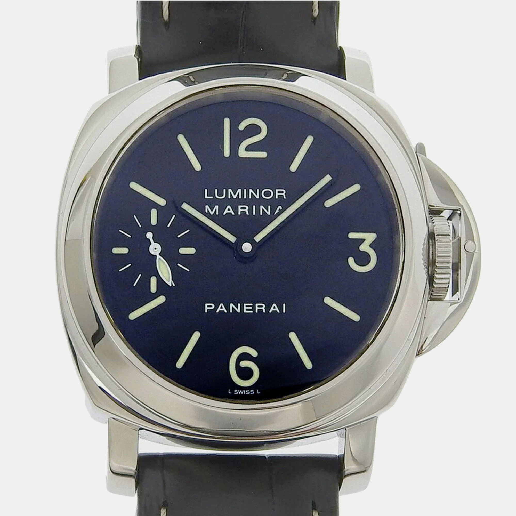 Panerai black stainless steel luminor marina pam00001 manual winding men's wristwatch 44 mm