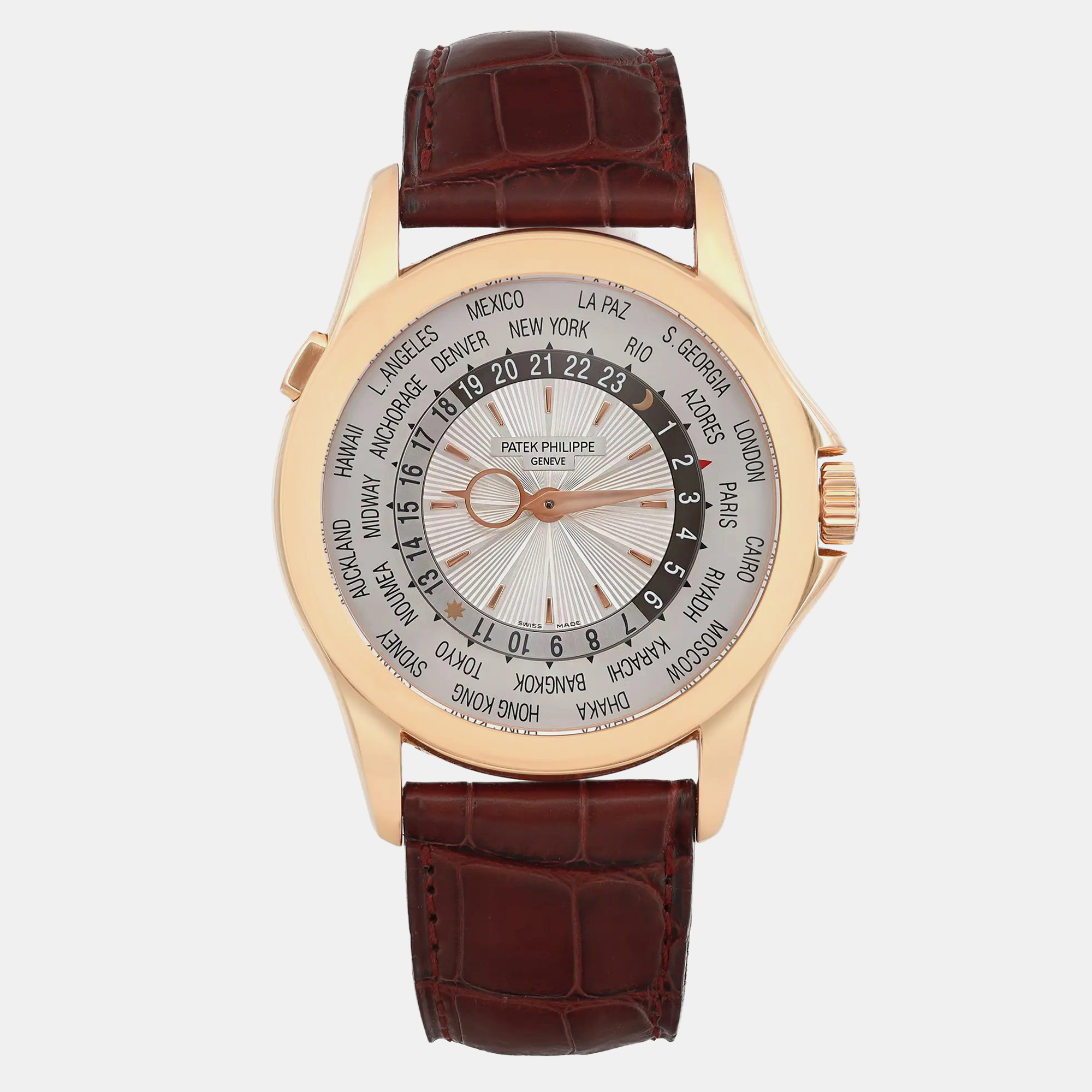 Patek Philippe Silver 18k Rose Gold World Time 5130R-001 Automatic Men's Wristwatch 39.5 mm
Patek Philippe Silver 18k Rose Gold World Time 5130R-001 Automatic Men's Wristwatch 39.5 mm