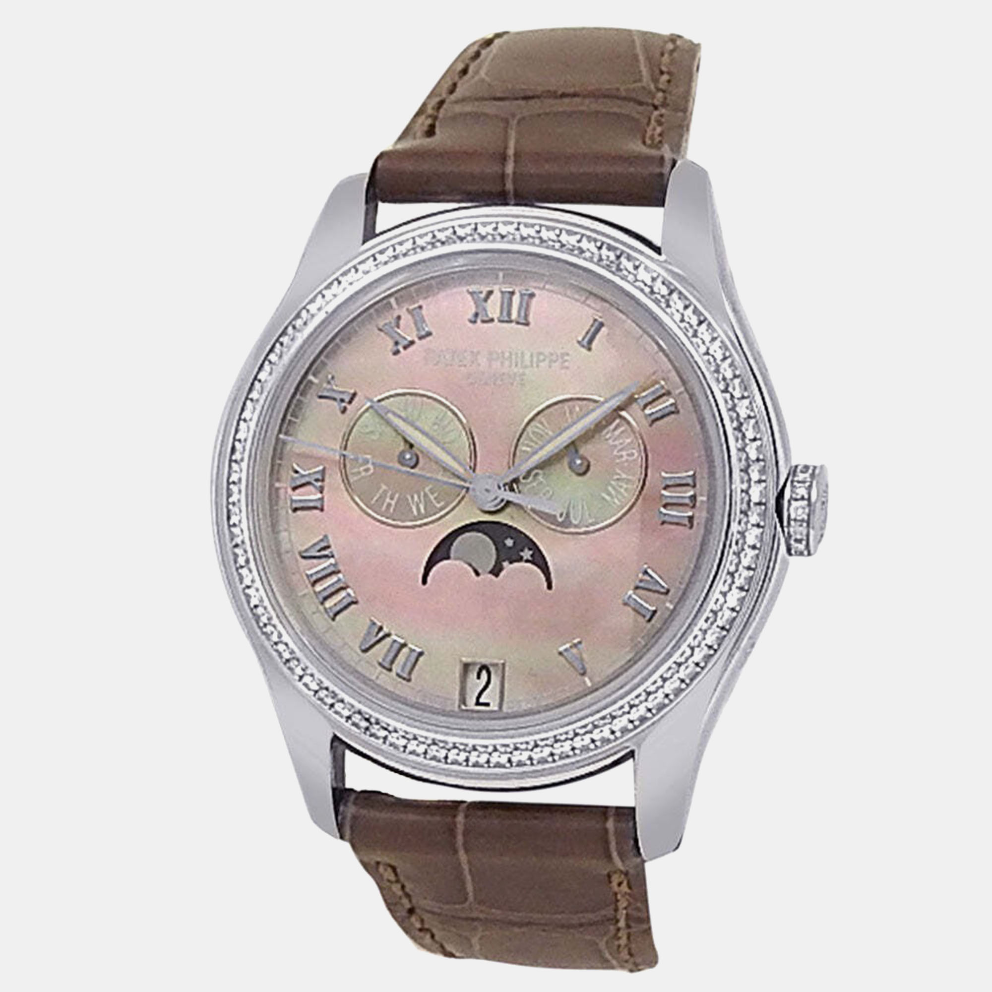 Patek Philippe Complications 4936G-001 Automatic Mother of Pearl 18K White Gold Men’s Wristwatch 37 mm, Purple
Patek Philippe Complications 4936G-001 Automatic Mother of Pearl 18K White Gold Men’s Wristwatch 37 mm, Purple