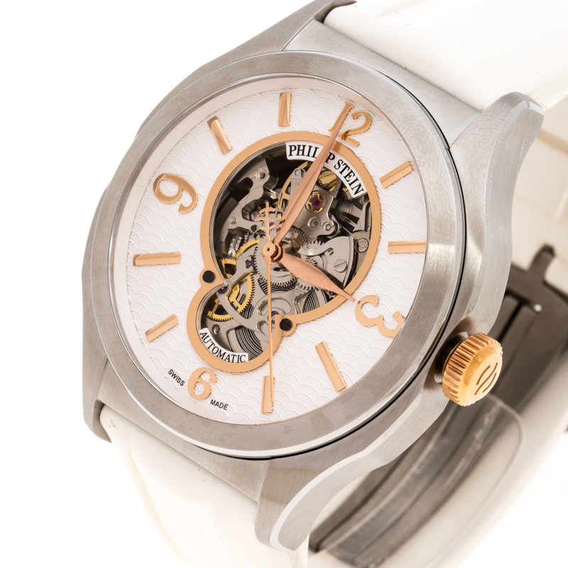 Philip Stein white Skeleton Stainless Steel Prestige Men&#039;s Wristwatch 45 mm