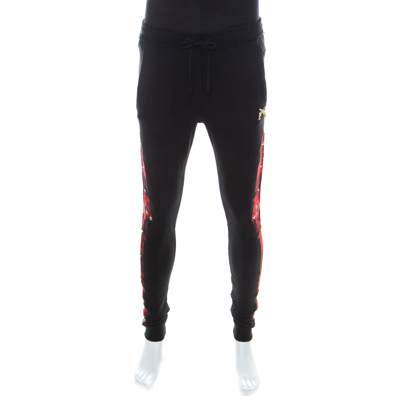 Image of Philipp Plein Couture Black and Red Knit Tartan Panel Jogger Pants S