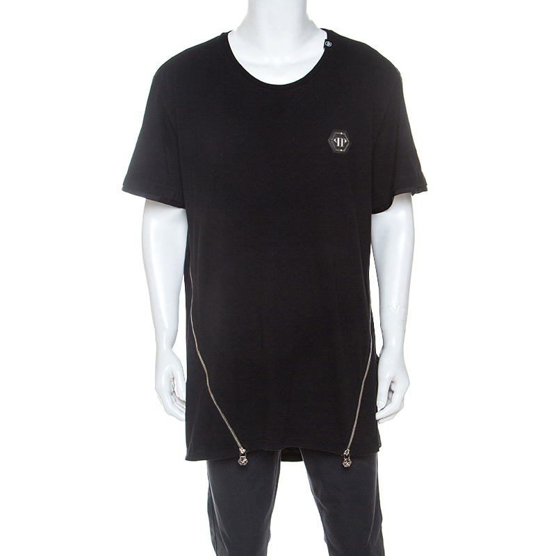 Image of Philipp Plein Black Cotton Zipper Detail T-Shirt XL