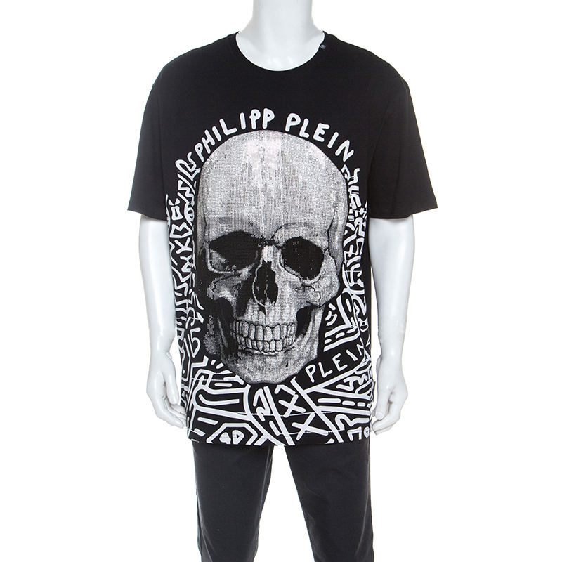 Image of Philipp Plein Black Skull Print Cotton Crystal Embellished T-Shirt XL
