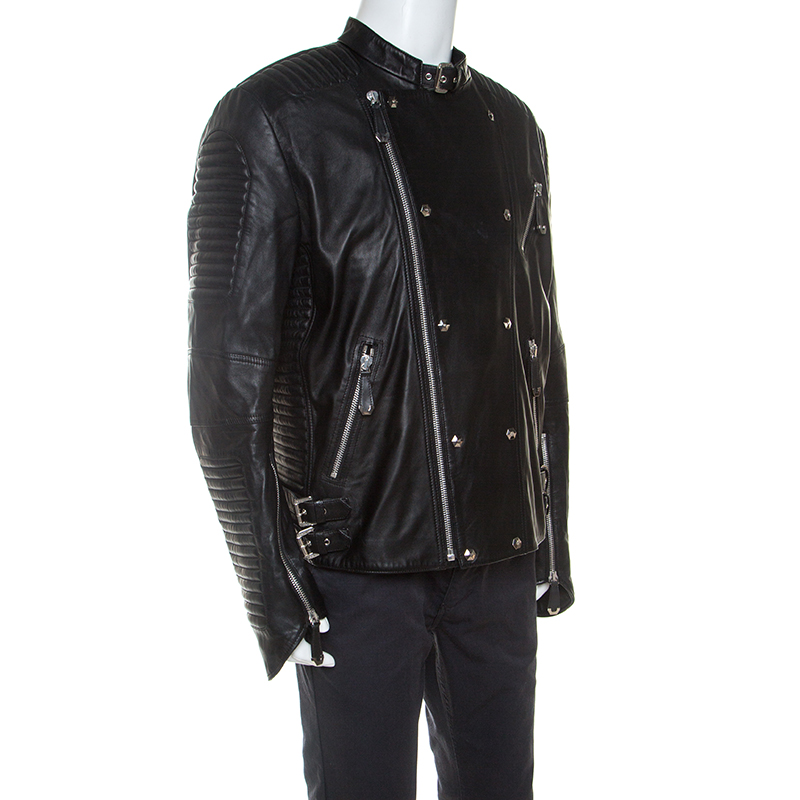 

Philipp Plein Black Leather Detail Artemy Biker Jacket