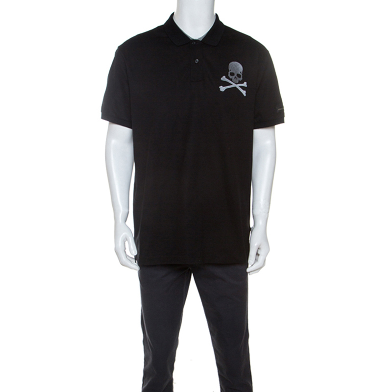 Image of Philipp Plein Black Cotton Skull Detail Double Colors Polo T-Shirt XL