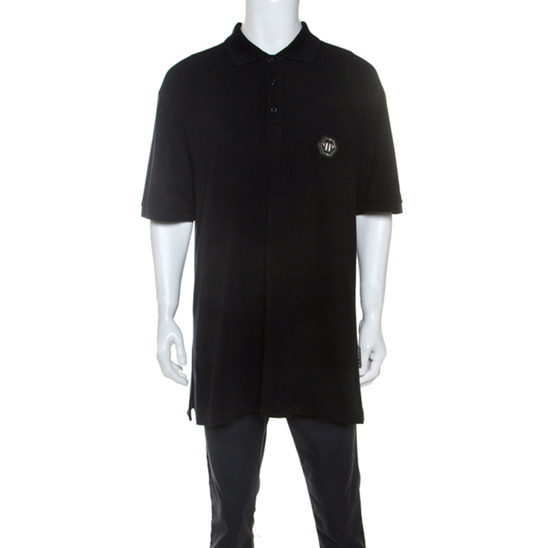 Image of Philipp Plein Black Cotton Crystal Skull Detail Polo T-Shirt XL