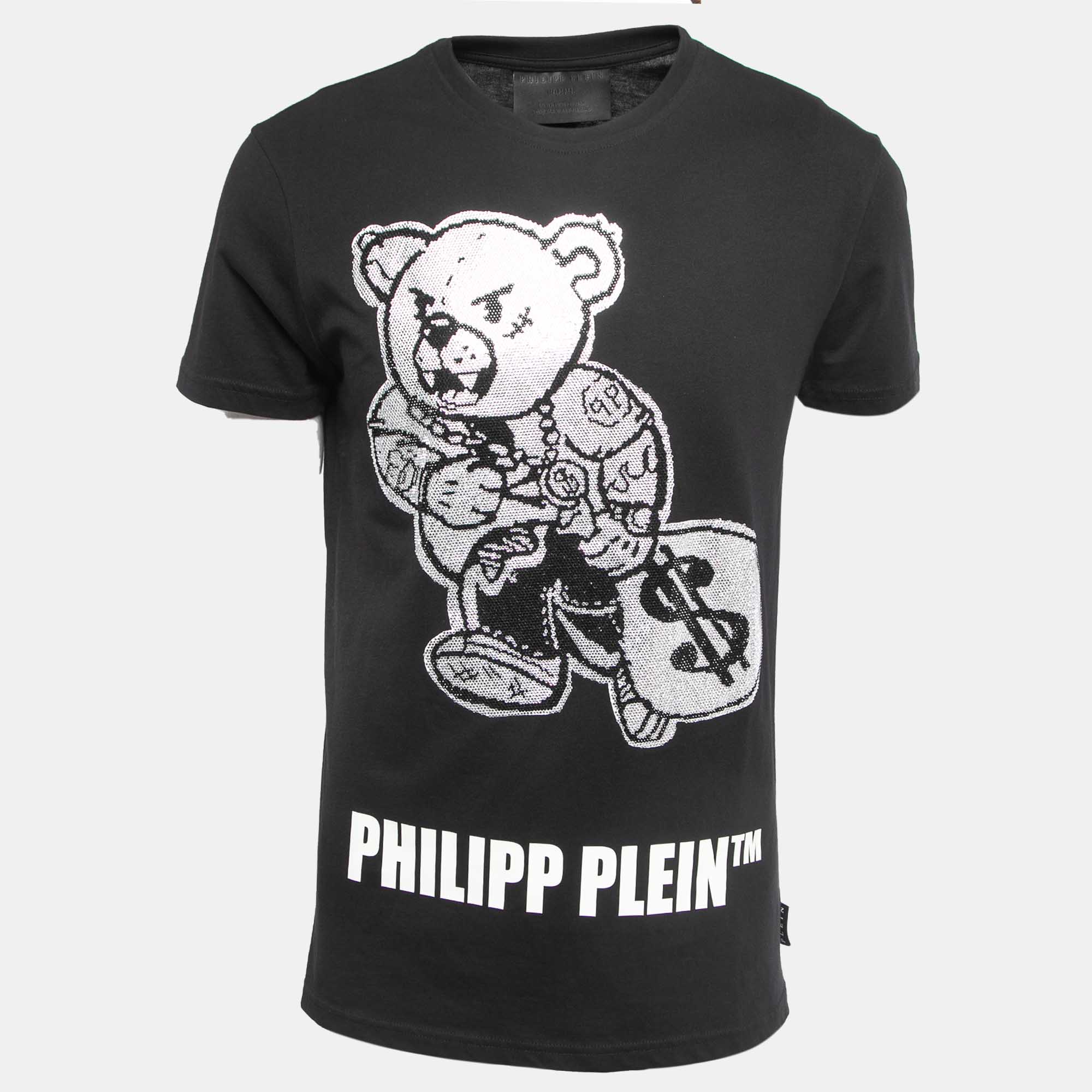 Philipp plein homme black teddy embellished cotton crew neck t-shirt l