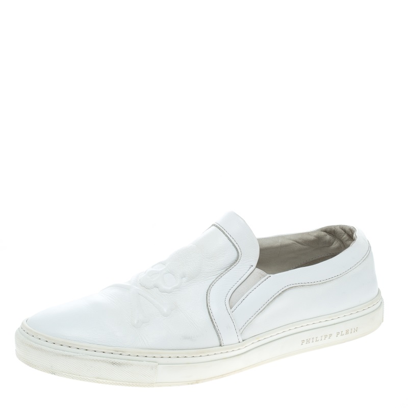 Philipp Plein White Leather Slip On Sneakers Size 44
