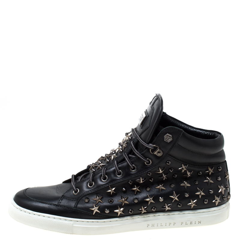 

Philipp Plein Black Leather Star And Spike Studded High Top Sneakers Size